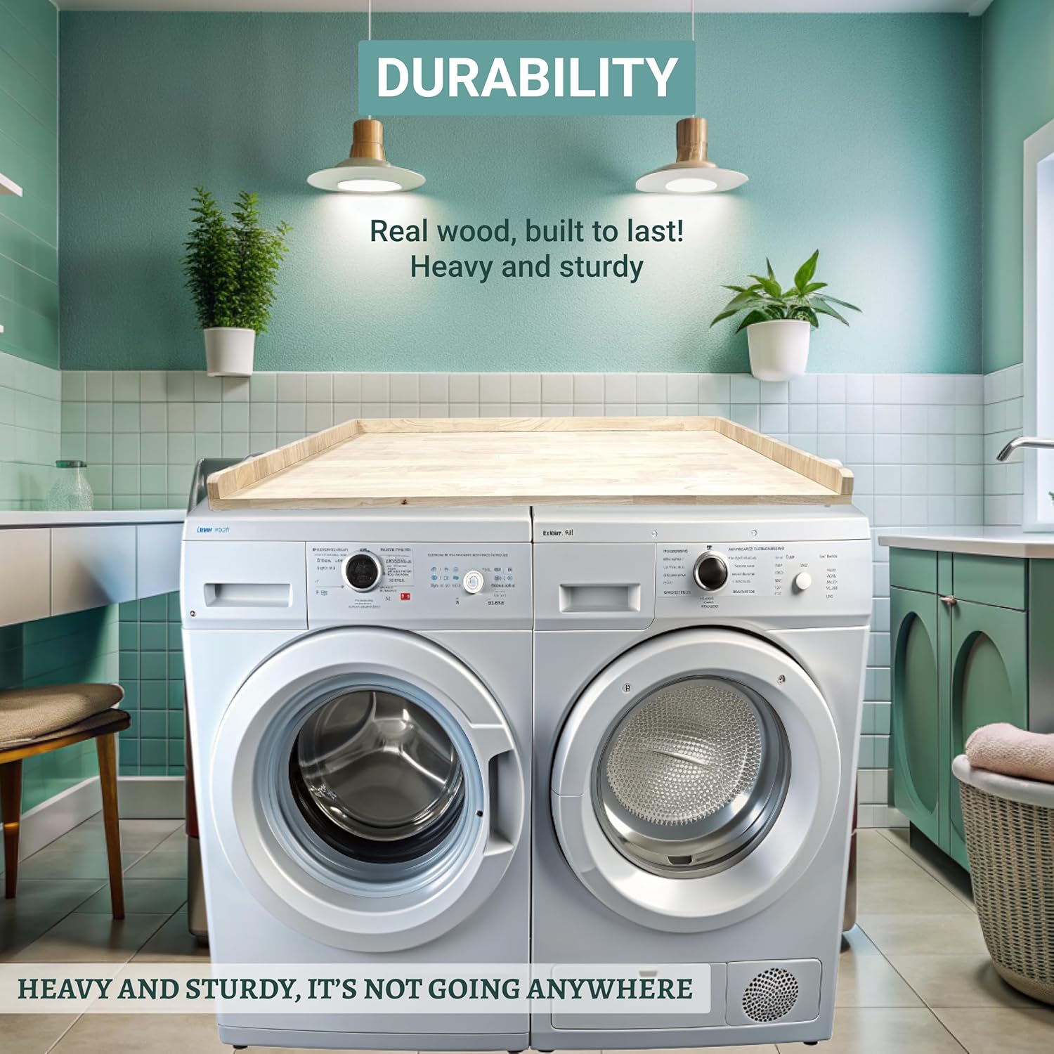 Skywin Washer Dryer Countertop 54 x 30 Inches, Single Real Solid Wood Butcher Block (Unfinished Plain Wood Surface) for One Unit Only (Washer or Dryer), Countertop Over Laundry Machine