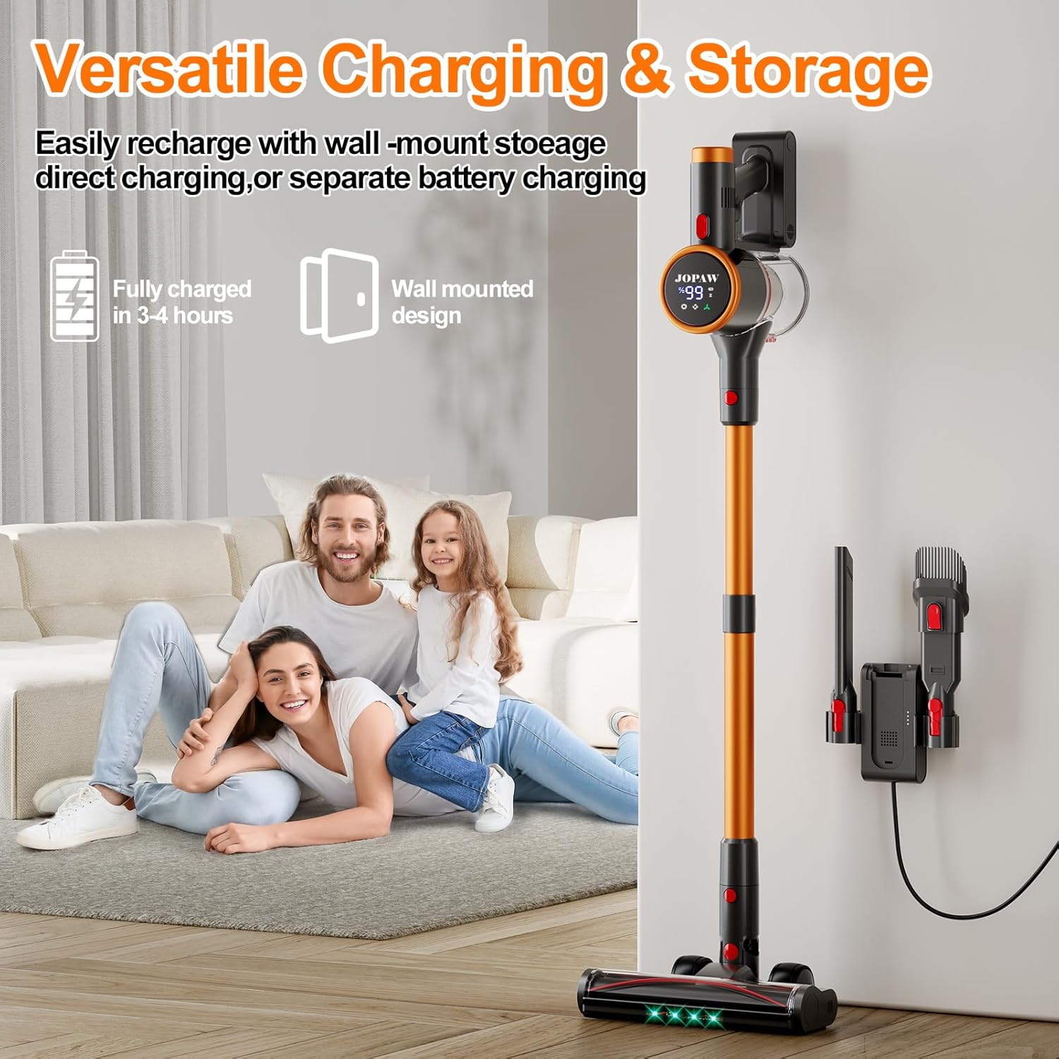 Cordless Vacuum Cleaner,450W/30000pa Self-standing Stick Vacuum Cleaners for Home,60Mins Stick Vacuum with LED Indicator,Multi-Accessory Lightweight Vacuum for Hard Floors Carpet/Carpet/Pet Hair