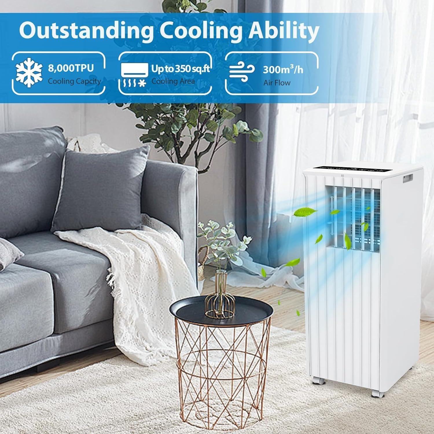 8,000 BTU Portable Air Conditioner – 3-In-1 Cooling, Dehumidifier & Fan for Rooms Up to 350 Sq.Ft, Includes Remote, 24-Hour Timer, Sleep Mode & Installation Kit, White