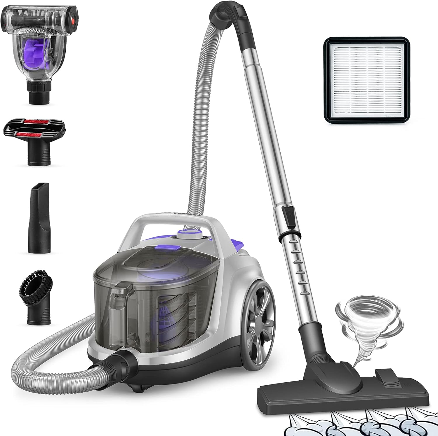 1200W Canister Vacuum Cleaner, 24Kpa Bagless Canister Vacuum, Auto Cord Rewind, Double HEPA Filter, 3.7Qt Large Capacity, 5 Tools for Hard Floors, Carpet, Pet, Upholstery, Tiles, Car, White