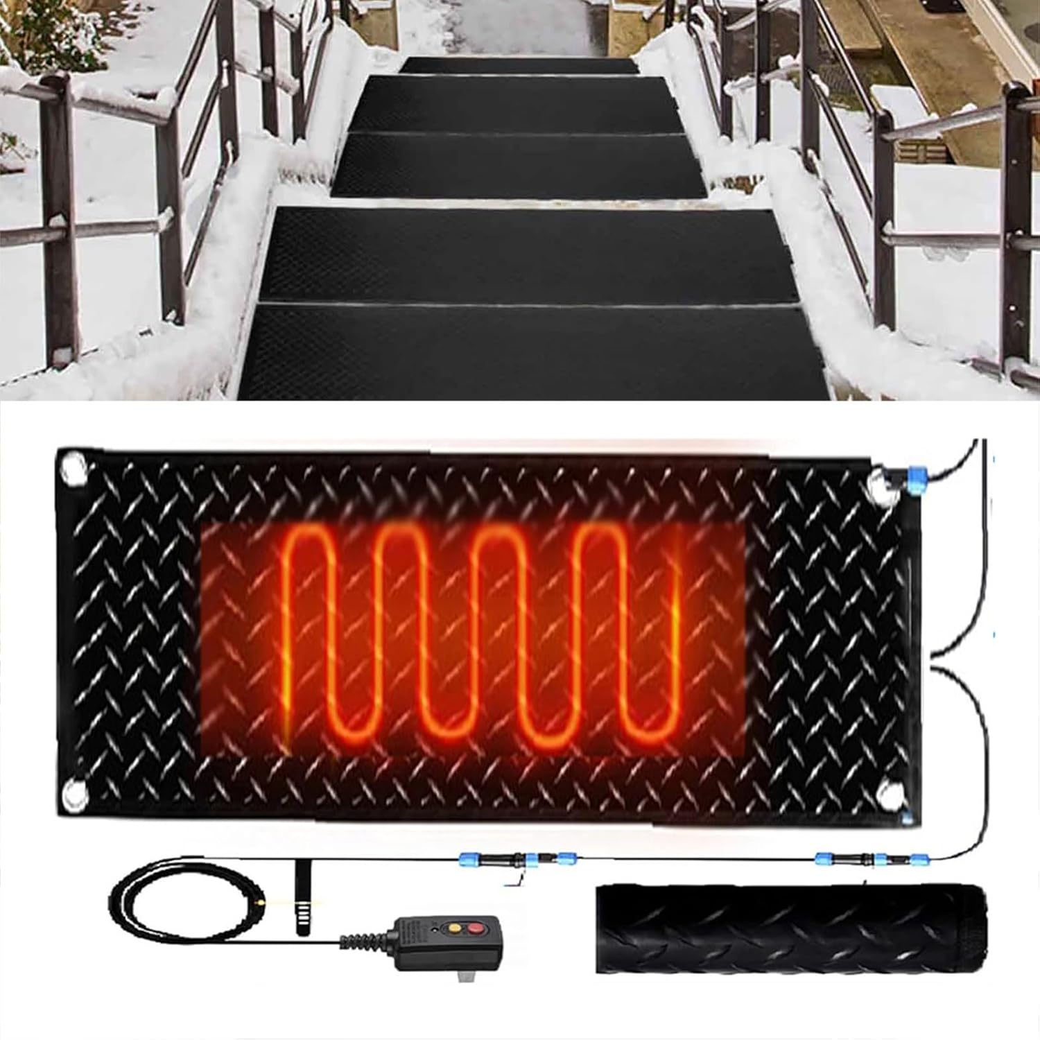Heated Snow Melting Mats for Stairs,Heated Snow Melting Mats Outdoor with Timer,for Driveway Walkway Decks and Sidewalks Connection Power Cord for Winter Stairs(1 Pcs,10x48in/(25.4x121.9 cm))