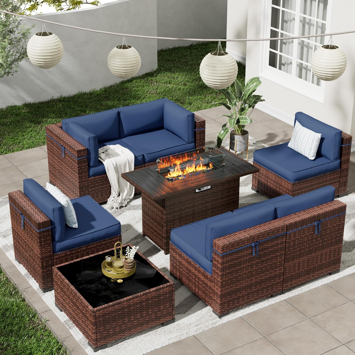 Patio Furniture Set with 44'' Propane Gas Firepit Table, 8 PCS Outdoor Sectional Conversation Sets with High Back, Navy Blue (Waterproof Cover Included)
