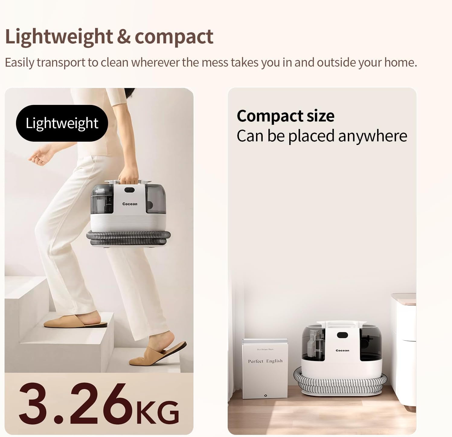 COCEAN Multi-Purpose Portable Upholstery and Carpet & Area Rug Cleaner with Shampooer, Car Interiors Machine Powerful Suction Spot and 260ML Deep Stain Cleaning Shampooer for Pets, 4 Cleaning Tools