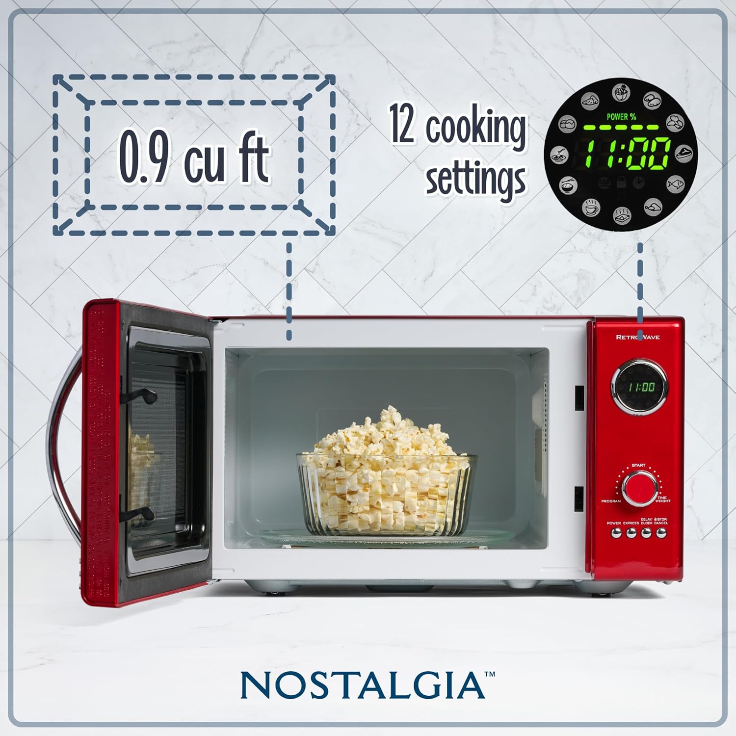 Nostalgia RMO4RR Retro Large 0.9 cu ft, 800-Watt Countertop Microwave Oven, 12 Pre-Programmed Cooking Settings, Digital Clock, Easy Clean Interior, Metallic Red
