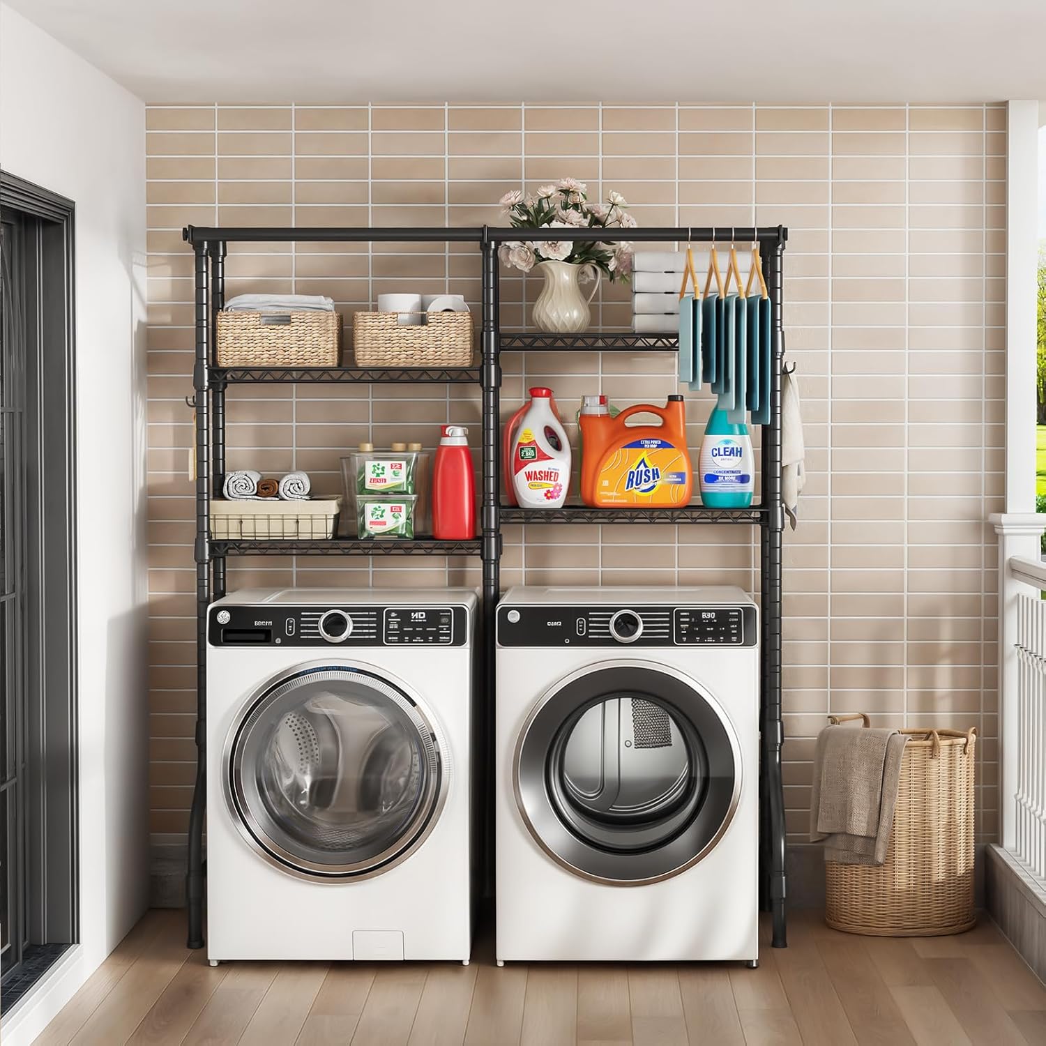 U14 Medium Over the Washer and Dryer Shelves, 4 Tiers Laundry Room Storage and Organizer System, Space Saving Clothes Drying Rack with 2 Clothes Hanger Rods, 57.8