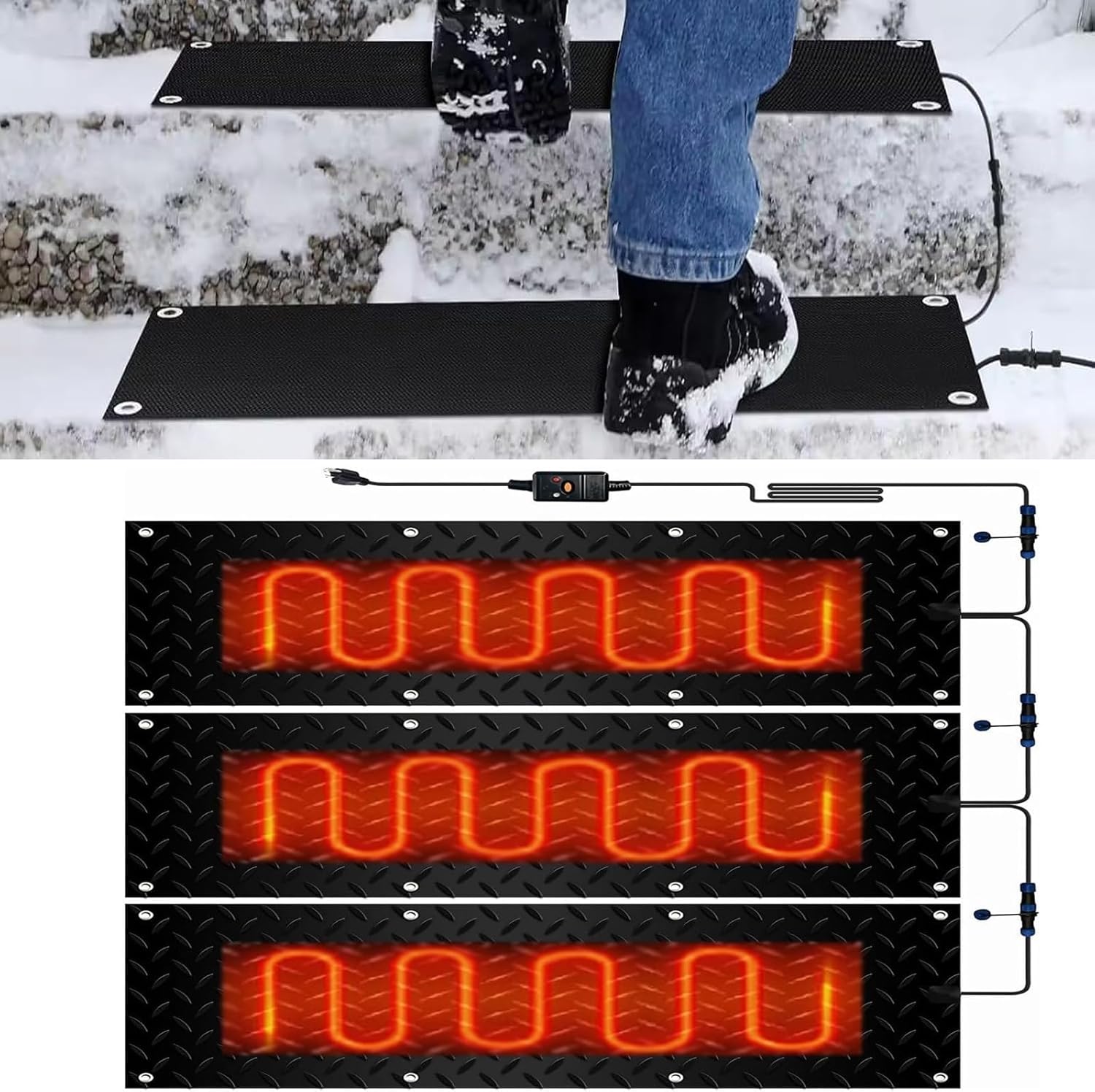 Snow Melting mats Outdoor Sidewalk, Snow Melting mats Outdoor, Non Slip Stair Treads, Electric Heating Snow Removal, for Winter Snow Removal,3 Pcs-25.4x76.2cm/10x30in