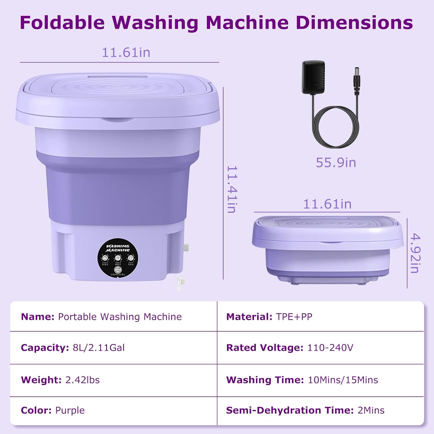 Portable Washing Machine, Foldable Mini Washing Machine with 3 Modes Deep Cleaning of Underwear, Small Clothes and Socks, Small Collapsible Laundry Washer for Apartments, Camping, Travel (Purple)