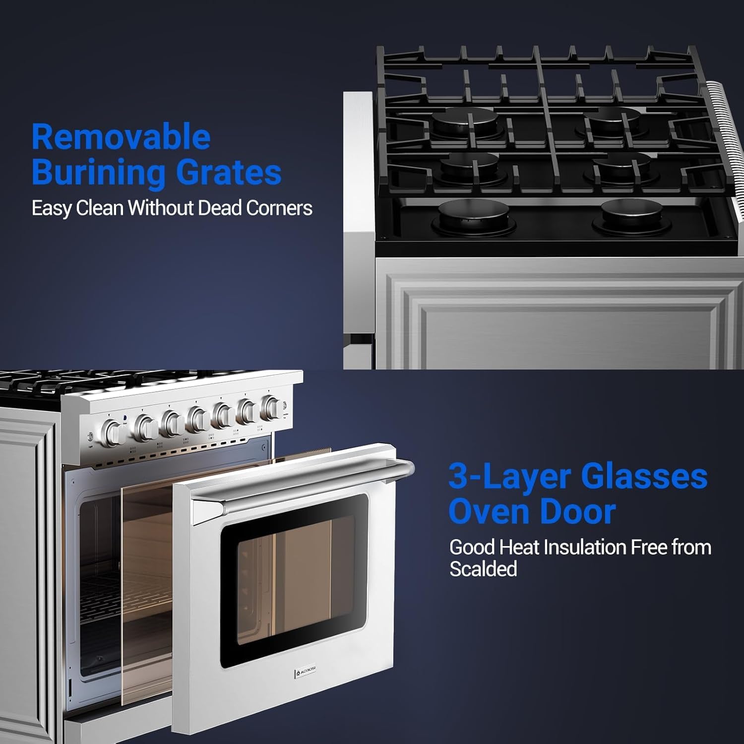 AAOBOSI Upgrade 36 Inch Front Control Gas Range Oven with 6 Cooktop Burners, 6 Cu. Ft 18000 BTU Convection and Self Clean, Freestanding Heavy Duty Gas Range Stove with Halogen Light,Large Capacity