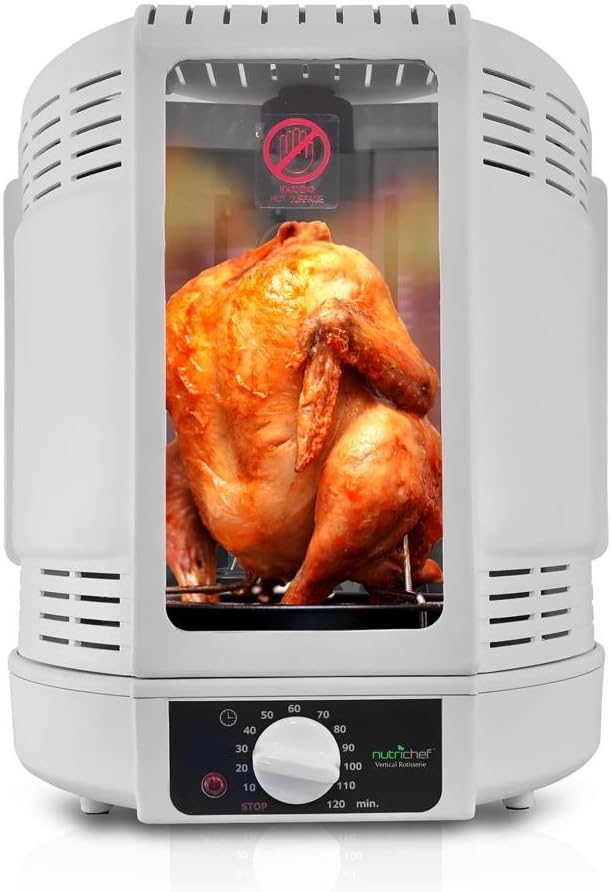 NutriChef Vertical Rotisserie Oven Roaster – Electric Shawarma & Kebab Machine with Skewers, Basket Tower, Poultry Rack, Drip Tray – For Chicken, Turkey, Lamb, Beef – (White)
