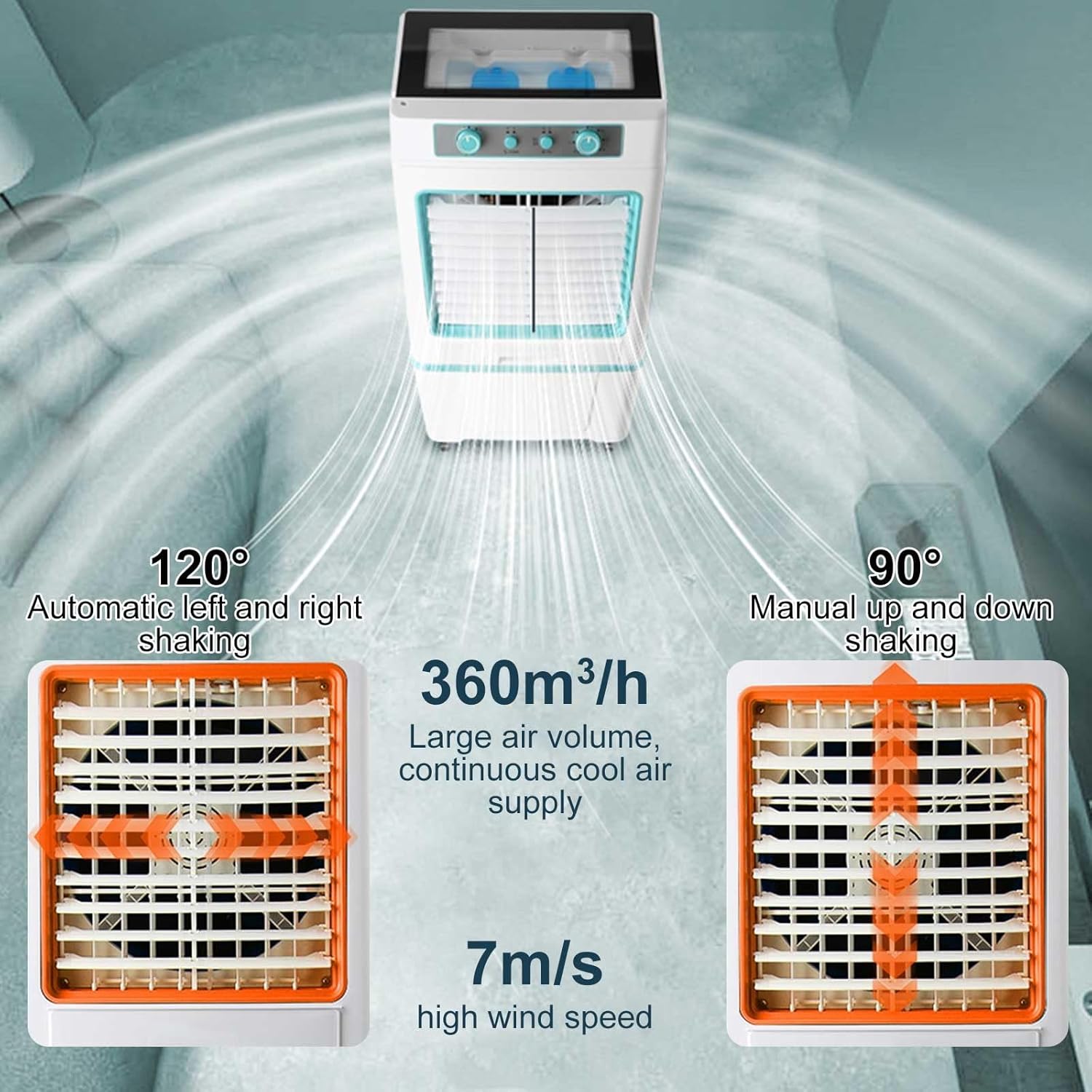 Portable Air Conditioners, Evaporative Air Cooler, Swamp Cooler with 40L/8.8 Gal Water Tank, 3-Speed Fan, 120°Oscillation, 2 Ice Packs, for Room Garage Patio(Black)