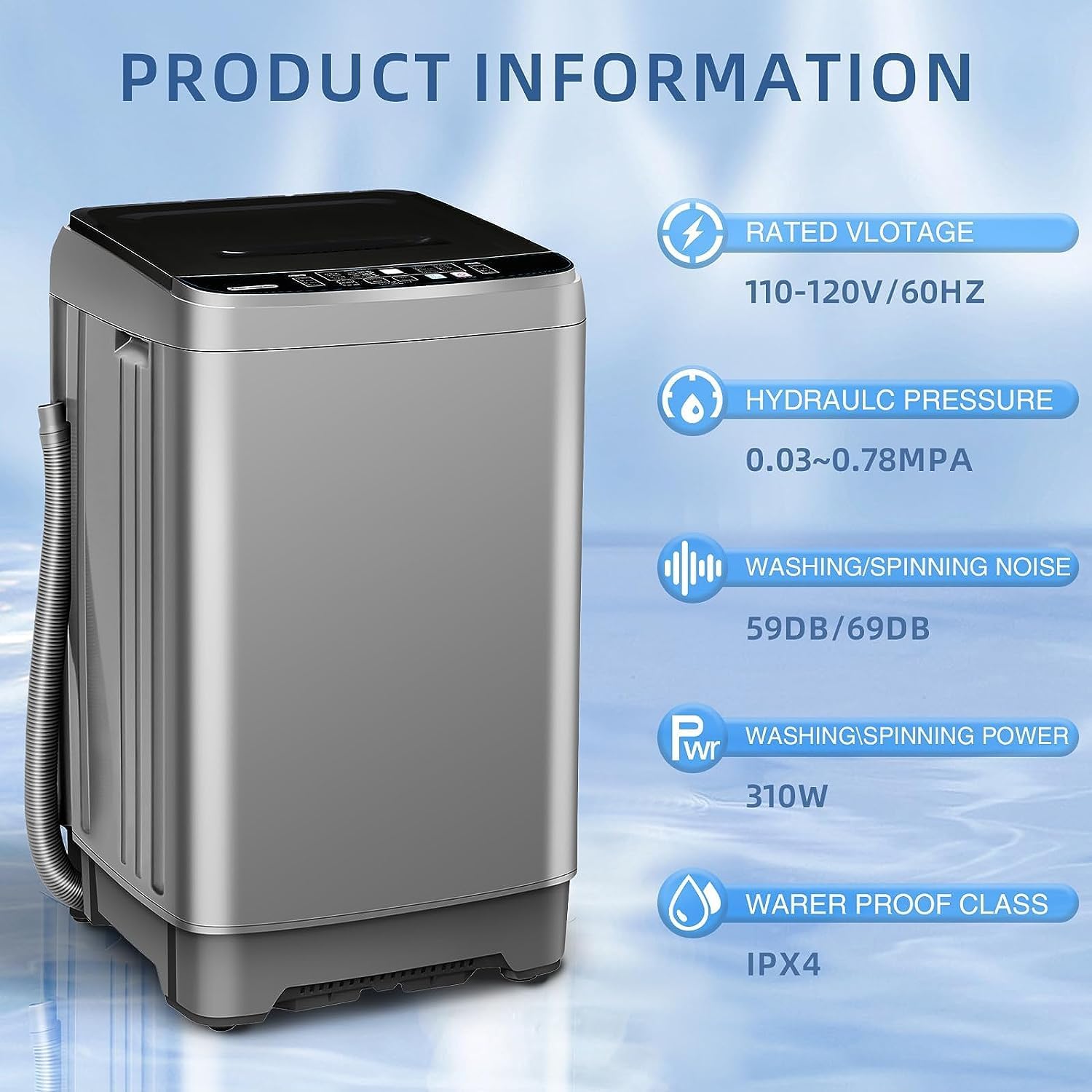 Full Automatic Washing Machine with LED Display, 10 Programs & 8 Water Levels Selections, 15.6Lbs for Home, RV, Camping, Apartment, Dorm (‎Grey)