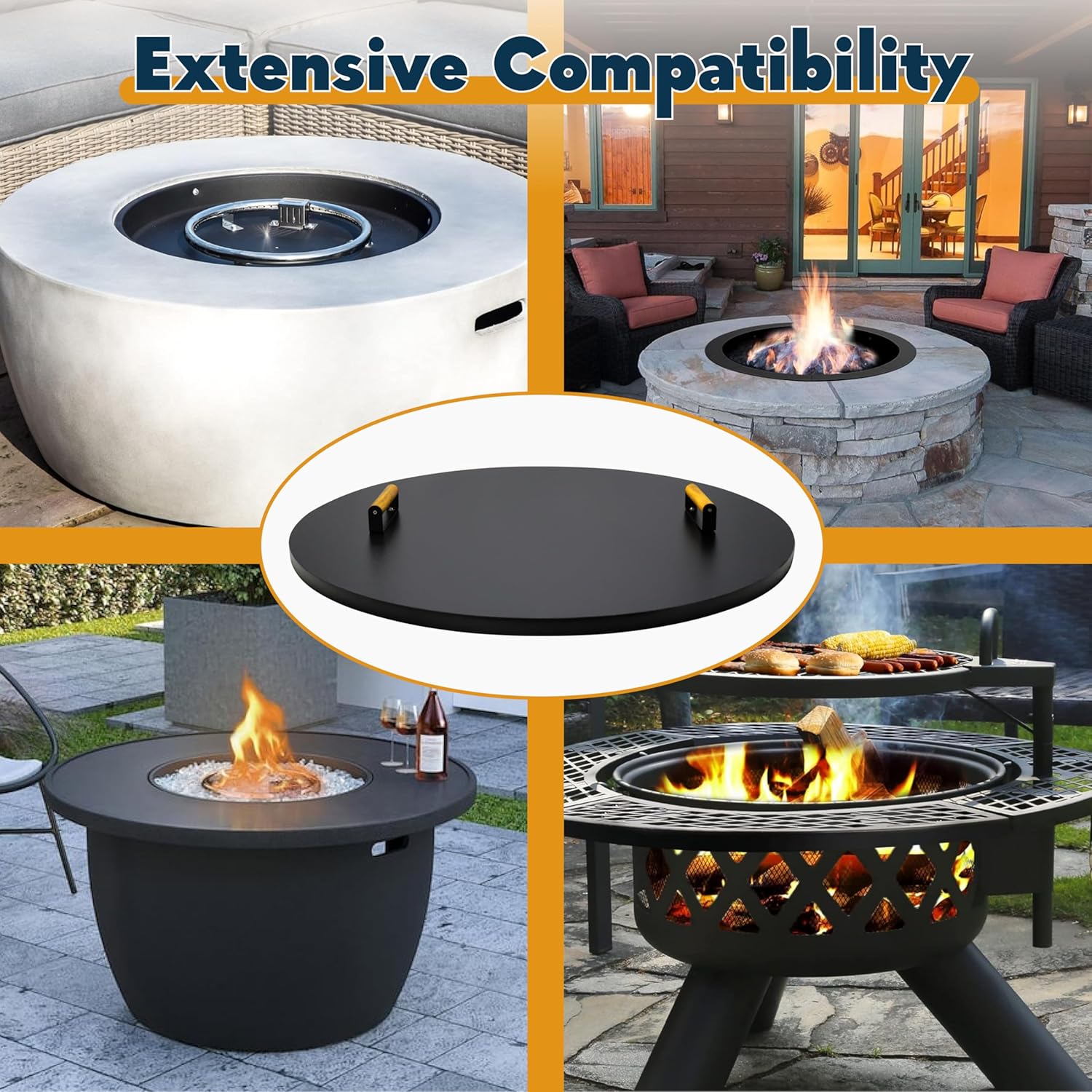 35” Fire Pit Cover Lid Round - Fit for 34.5 Round FirePit Lid for Outdoor Fireplace Cover Lid Steel fire pit metal cover W/ 2 Wooden Handles & Powder Coating Snuffer Lid for Patio Fire Pit Ring