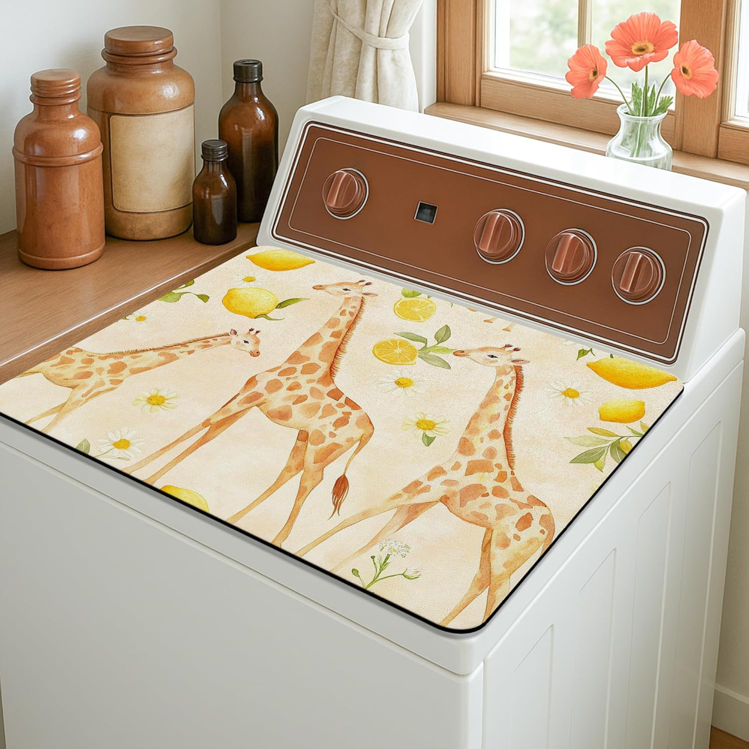 Giraffe Washer Dryer Top Protector Mat, Lemon Patterned Laundry Machine Covers, Cute Animal Decor for Spring and Summer, Rubber Anti-slip Waterproof Mats for Laundry Room 20x24 Inch