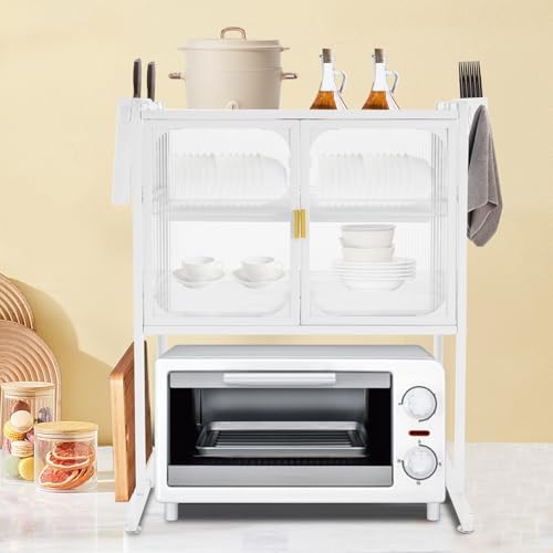 Microwave Oven Rack, Kitchen Dish Shelf Metal Microwave Counter Stand with Storage Cabinet Draining Tray Multifunctional Countertop Organizer for Utensils Tableware