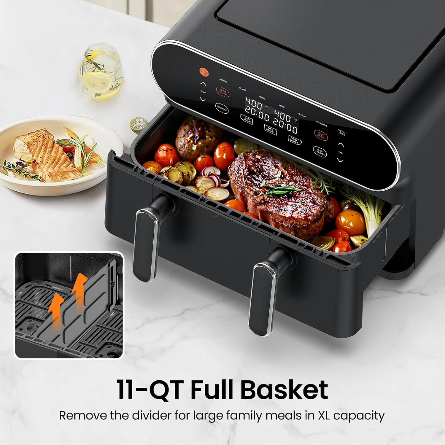 TOPZEE 11-QT Large Air Fryer - 8 in 1 XL Airfryer with Flex Basket, Divider for Dual Cooking, Preheat, Air Fry, Roast, Broil, Bake, Reheat, Dehydrate, French Fries, Dishwasher Safe, Black
