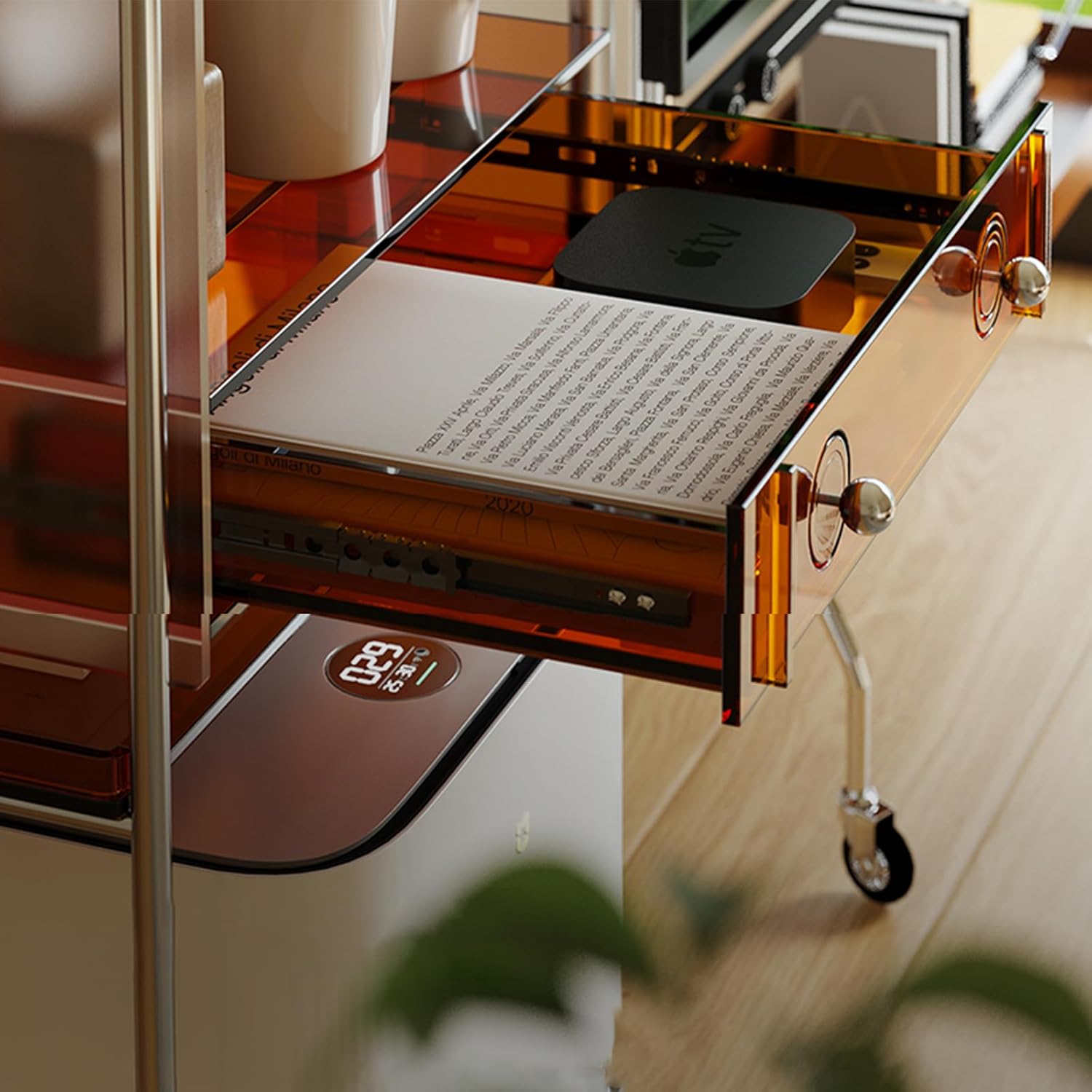 JSWHYBD Acrylic Robot Vacuum Cabinet with Wheels, Minimalist Storage Cabinet for Vacuum Cleaner, Multipurpose Side Table for Living Room, Dining Room & Kitchen, 20