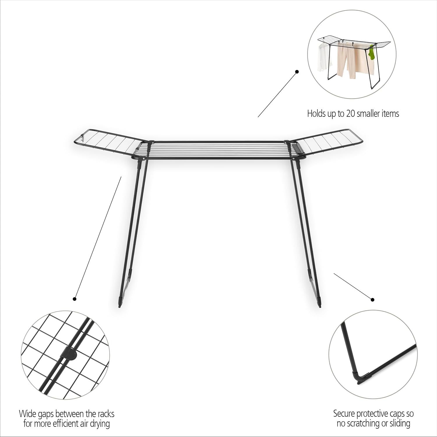 Brabantia HangOn Drying Rack, 59 ft (18m) (Matte Black), Large Capacity Clothes Drying Rack for Up to One Full Machine Load, Foldable Laundry Stand for Large and Small Items, No Pegs Needed