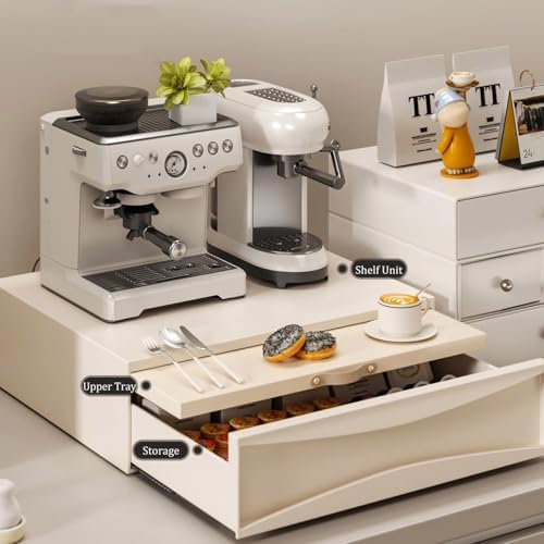 Sliding Countertop Tray with Drawer, Carbon Steel Organizer Shelf, Kitchen Microwave Oven Pull Out Organizers, 18.9 x 15.8 x 5.7in, Milky White (Tray and Drawer)