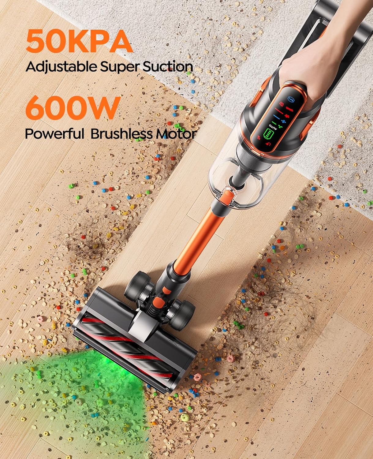 Fieety Cordless Vacuum Cleaner, 600W/50KPa/65Min Runtime Stick Vacuum with 3.3Ft Hose, Wall Mount Charging, Auto Mode, Touchscreen, Self-Standing Vacuum Cleaner for Home/Pet Hair/Carpet/Car, Fragrance