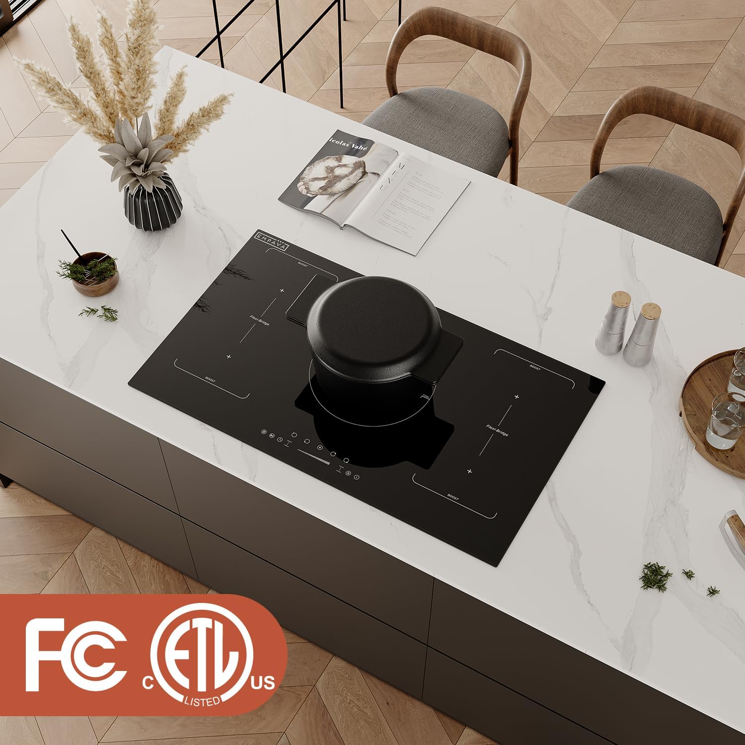 Empava 36 Inch Electric Induction Cooktop Built-In, 5 Zone Smooth Glass Surface, Dual Bridge-Sync, Touch Slider Control, Power Boost, Stop & Go, Timer, Child Lock, Hardwired Kitchen Appliance