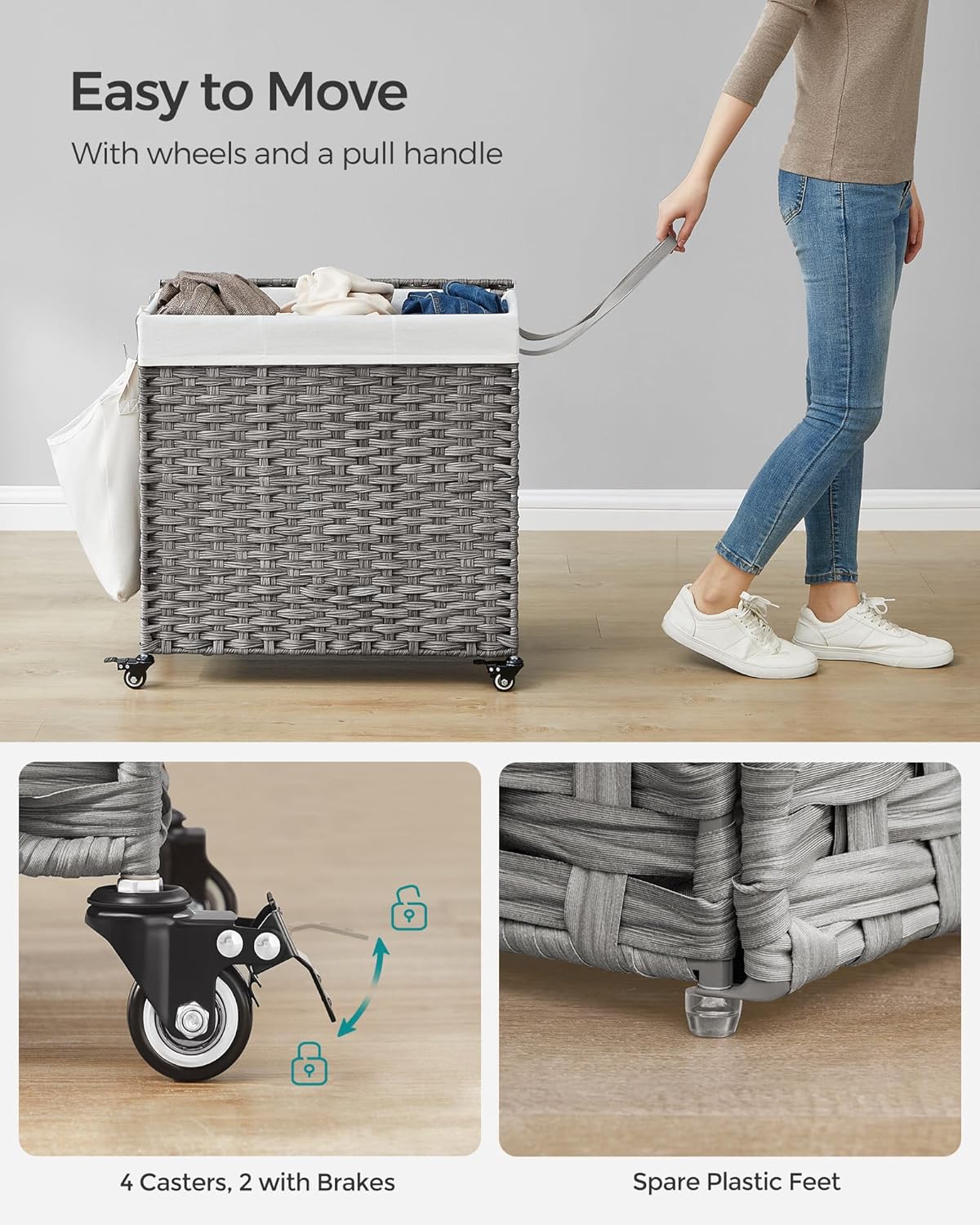 SONGMICS Laundry Hamper with Lid, 37 Gallons (140 L), Rolling Laundry Basket with Wheels, 3-Section Synthetic Rattan, Removable Liner, Bedroom, 26 x 13 x 26 Inches, Gray ULCB363G01