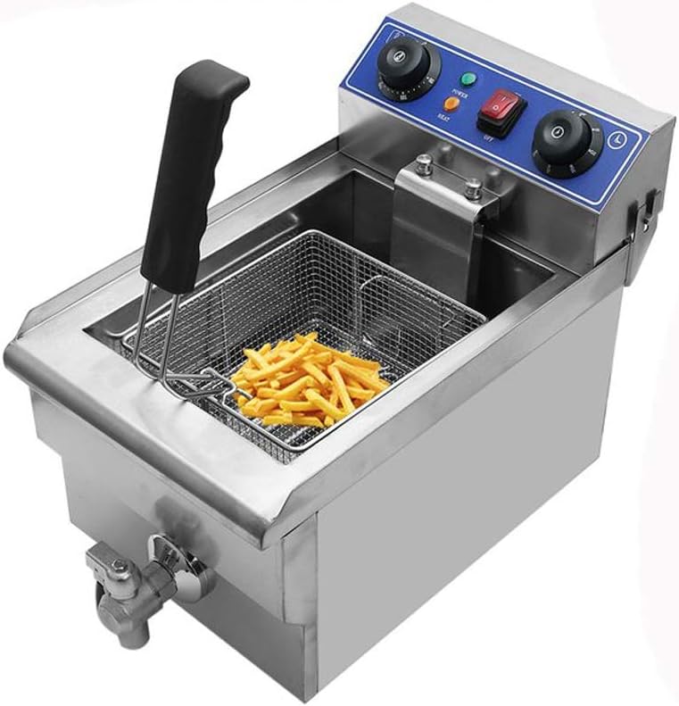 Electric Deep Fryer, 13L/26L Stainless Steel Commercial Electric Deep Fat Fryer Temperature Control Timing Fryer with Drain & Basket,Single Tank/Dual Tank (10L Single Tank)