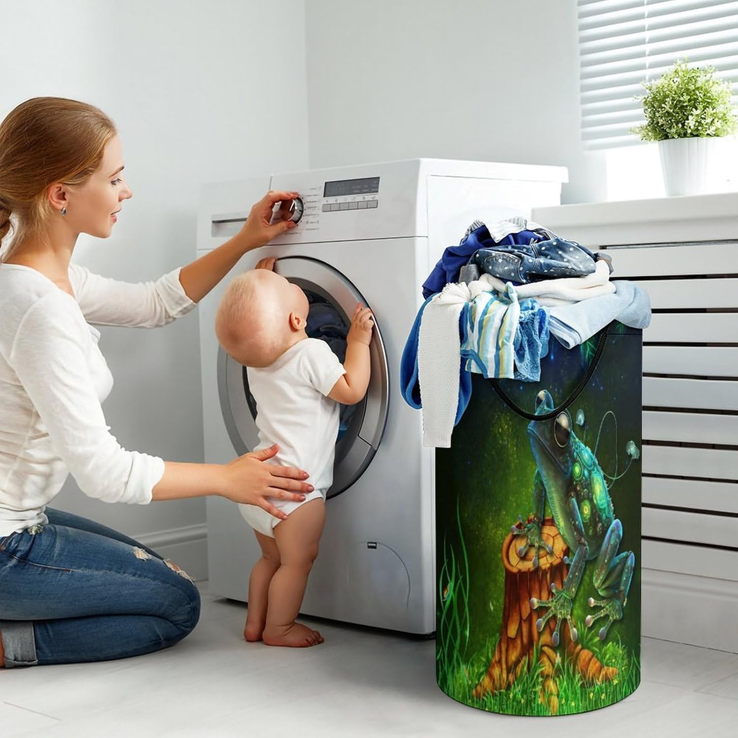 Cool Anime Animal Frog Laundry Hamper Dirty Clothes,Rustic Tropical Forest Eucalyptus Leaves Butterfly Frog Large Laundry Basket Storage Basket For Bathroom 15.7W