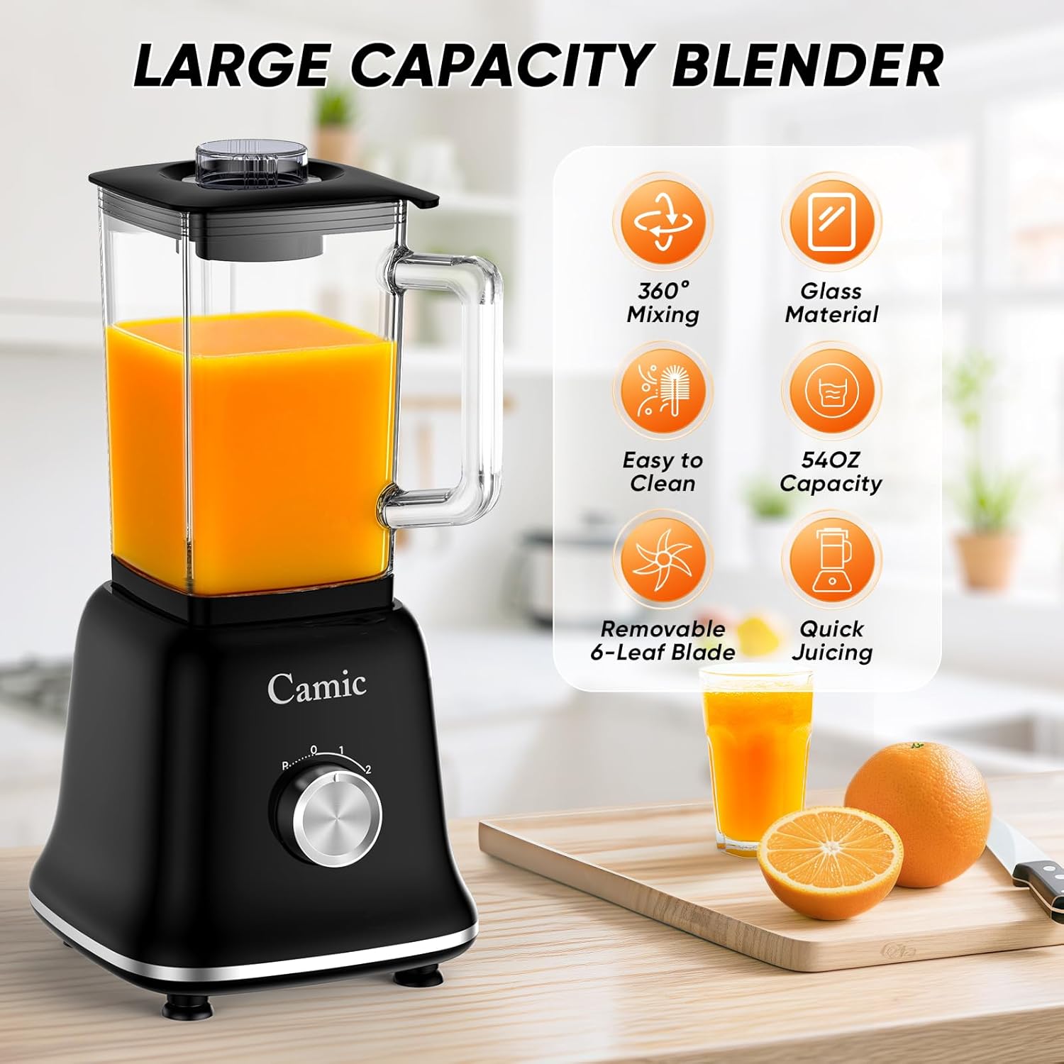 Camic 750W Professional Blender,6-Cup Glass Jar Blender for Smoothies and Shakes with 6 Sharp Stainless Steel Blades,Ice Crush Function,for Juice,Puree, Soup (Black)