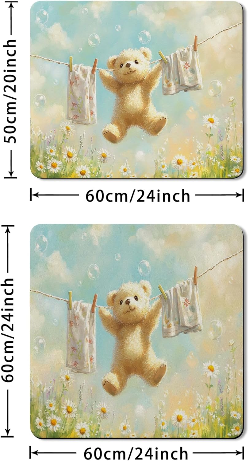 Cute Bear Washer Dryer Top Protector Mat, Fanciful Soft Toy Laundry Machine Dust Covers, Floral Rubber Anti-slip Waterproof Washer And Dryer Mats for Laundry Room 20x24 Inch