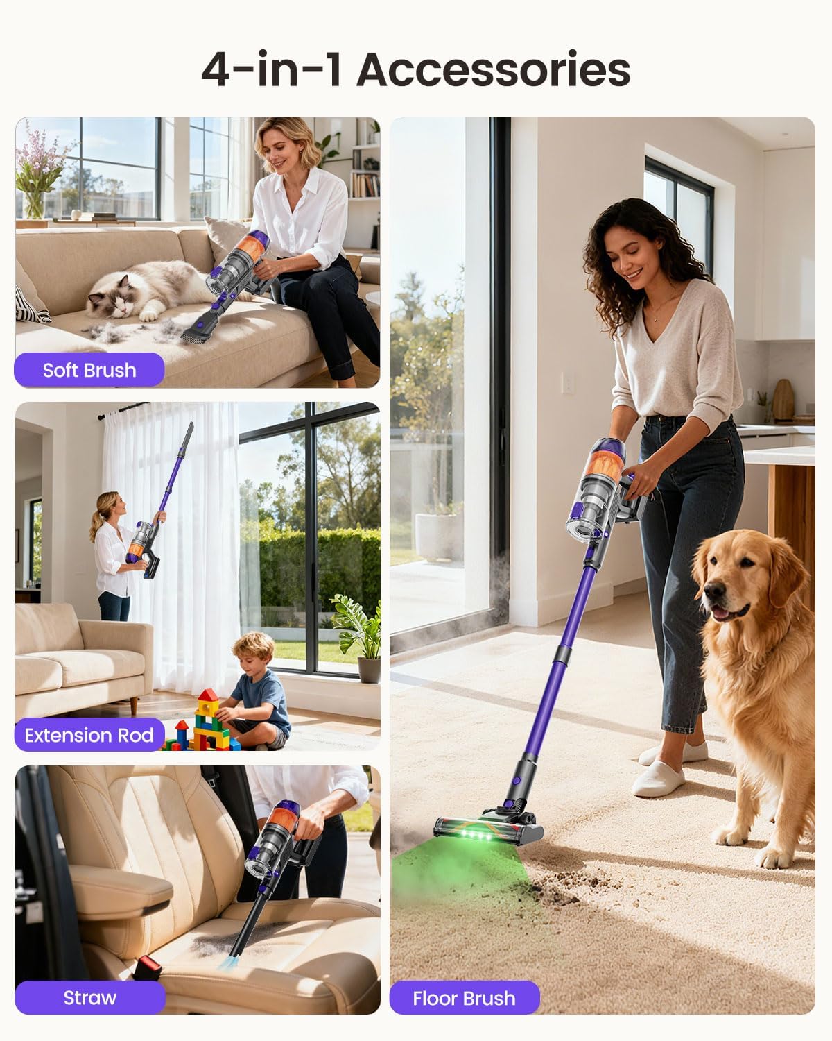 Cordless Vacuum Cleaner,500W 40KPa 60Mins Vacuum Cleaners for Home,Powerful Stick Vacuum With Green Light,Anti-tangle Wireless Vacumm, Rechargeable Vacuum for Pet Hair/Carpet/Hardwood Floor,Purple
