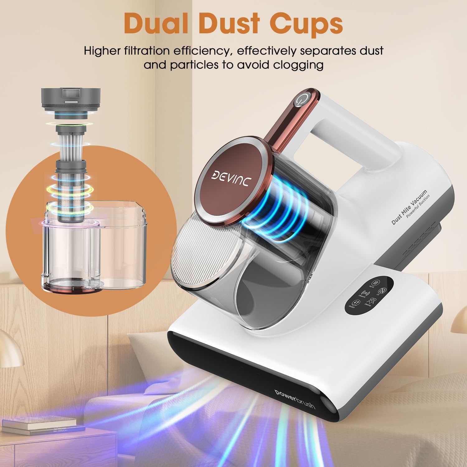 DEVINC Mattress Vacuum Cleaner, 16 KPa Bed Vacuum Cleaner with 253.7nm UV-C Light, HEPA Filter & Heating Tech, Handheld Vacuums for Bed, Sofa, Couch, Crib, Fabric Surfaces(Corded)