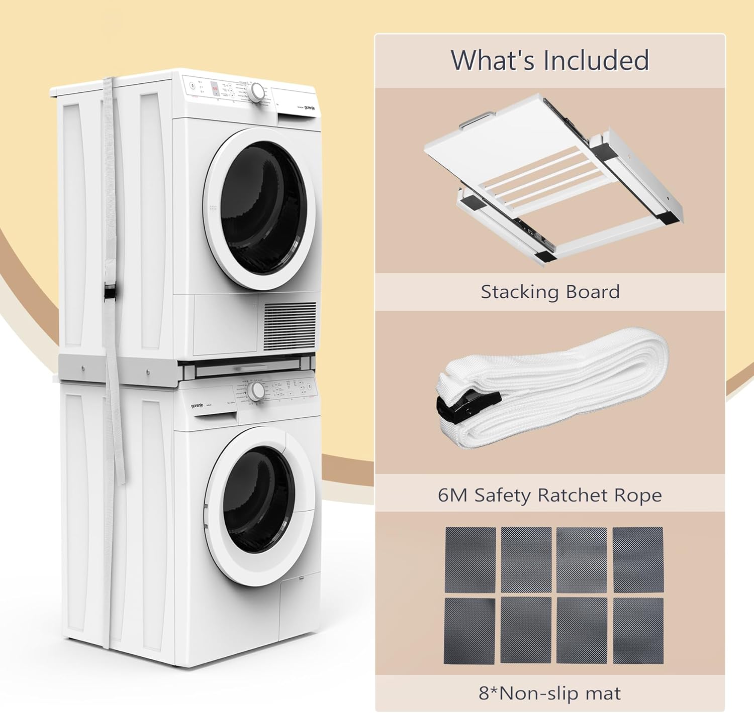 Stacking Kit for Washer and Dryer, 60x55cm, Washing Machine Stacking Kits with Pull-Out Plate, Metal Connecting Frame for Washing Machine Dryer with Drying Rack (Including Ratchet Ropes)