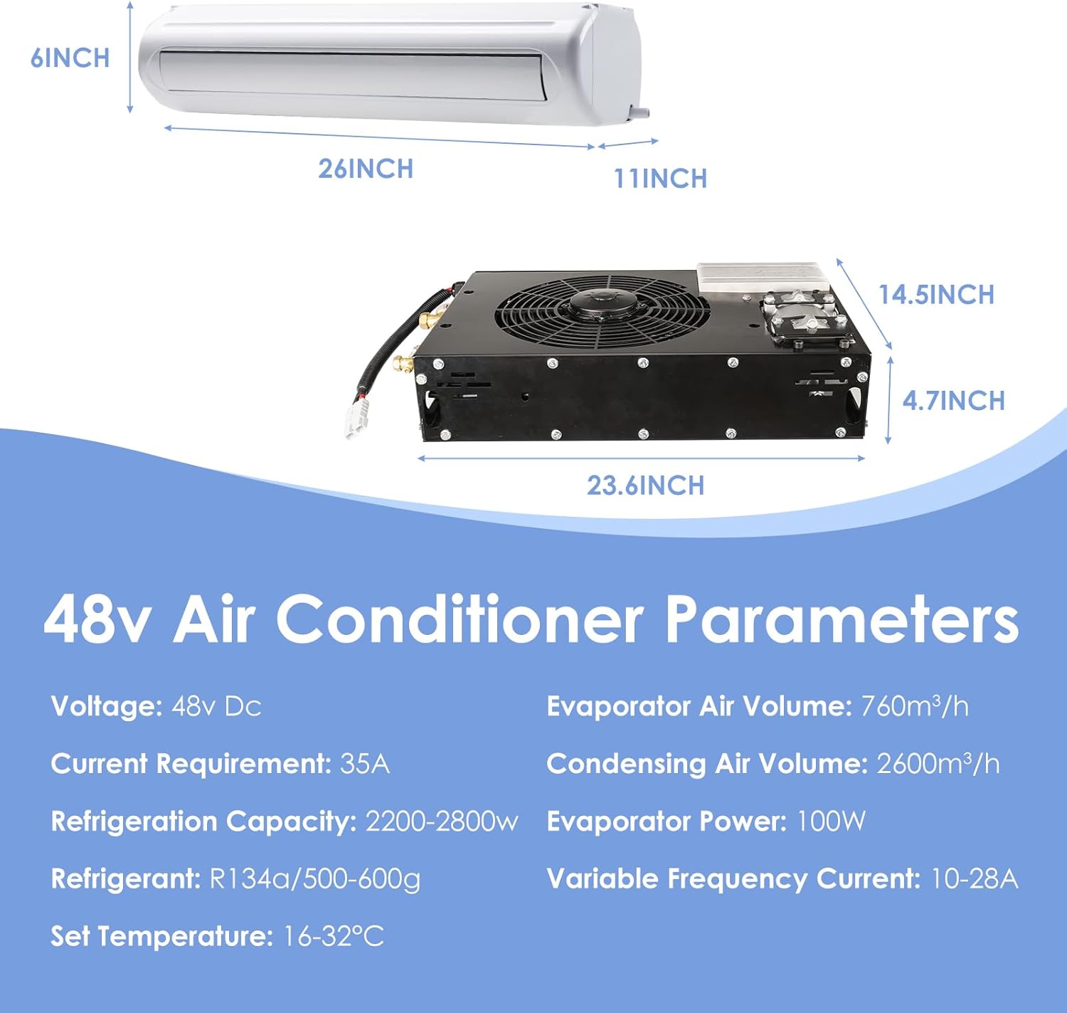 48V air conditioner, ultra-thin bottom RV AC unit/silent DC air conditioner, suitable for RVs, trucks, campers, trailers, construction vehicles, excavators, vans, etc (48V)