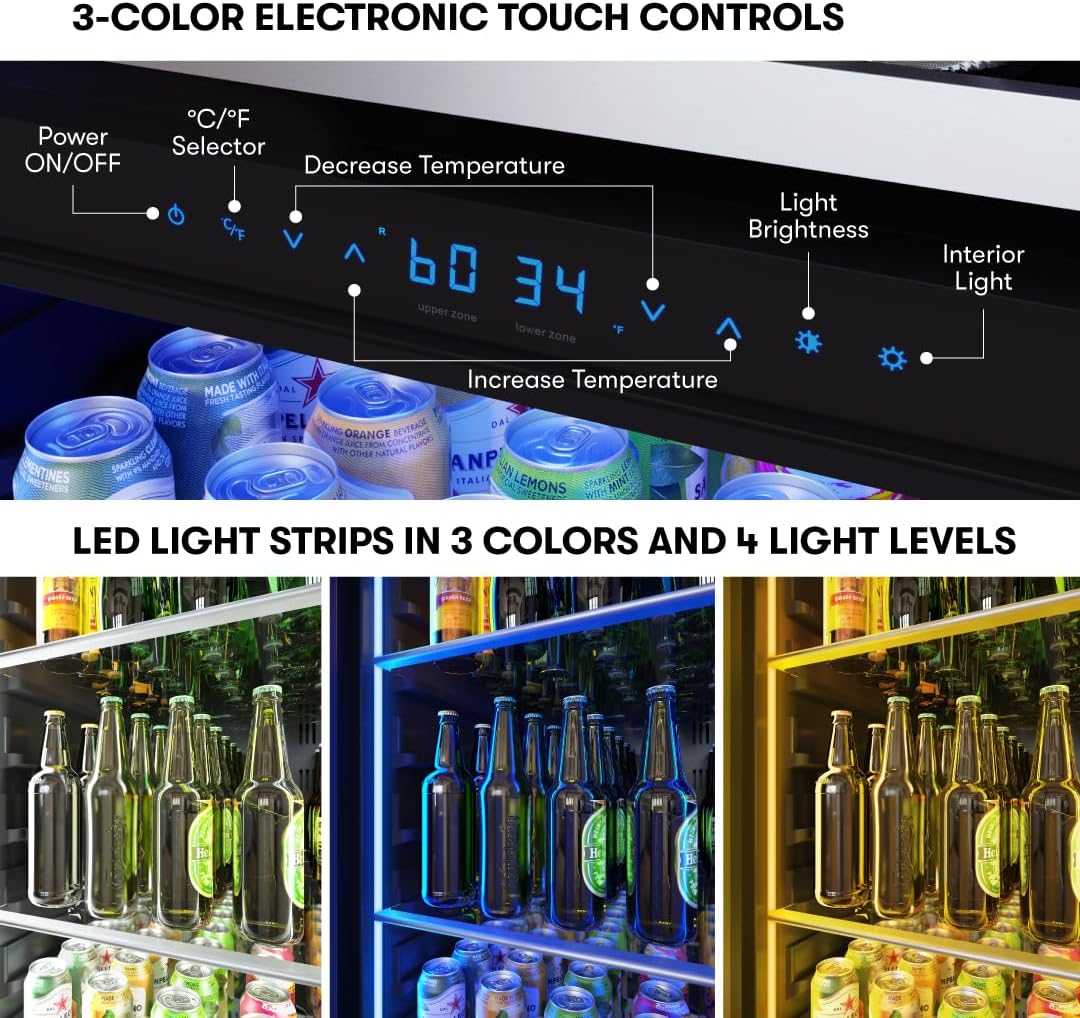 Zephyr 24 Inch Wine Fridge & Beverage Refrigerator Dual Zone Full Size - Tall Wine Cooler Cellars Large Bar Drink Cabinet Freestanding with Glass Door - 161x12oz cans & 54x750 ml bottles