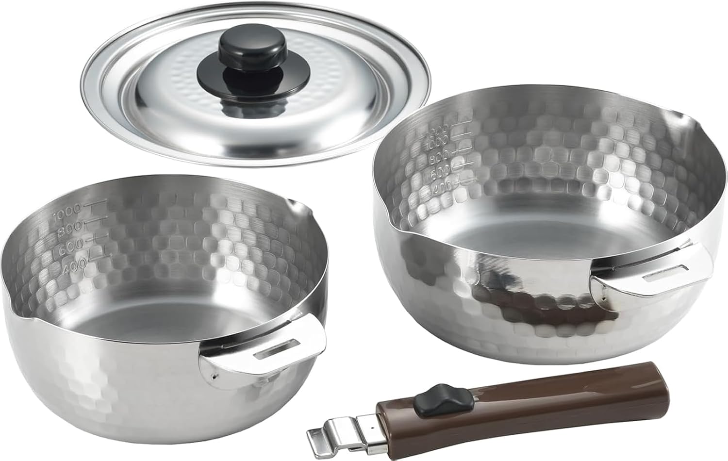 Yoshikawa 1214960 Snow Flat Pot with Handle Removable Handle, Set of 2, 6.3 inches (16 cm), 1.3 L; 7.1 gal (18 cm), 1.7 L; Compatible with Gas Fire, Stainless Steel, Double-Sided Spouts, Kachatto Snow