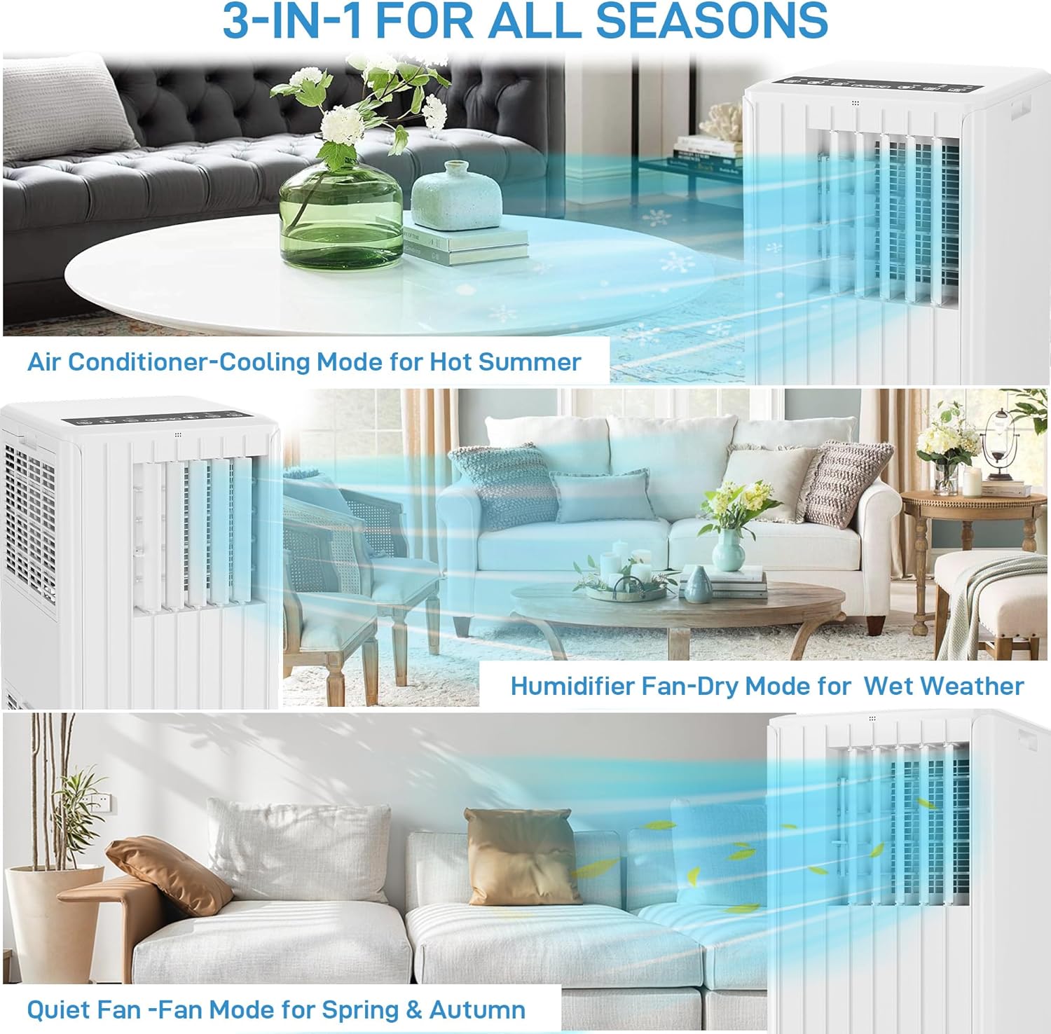 8000 BTU Portable Air Conditioner,3-in-1 Portable AC Unit Up to 350 Sq.Ft,3-in-1 Air Cooler,Fan & Dehumidifier with Remote,Quiet Floor Air Cooler for Bedroom, Office, White