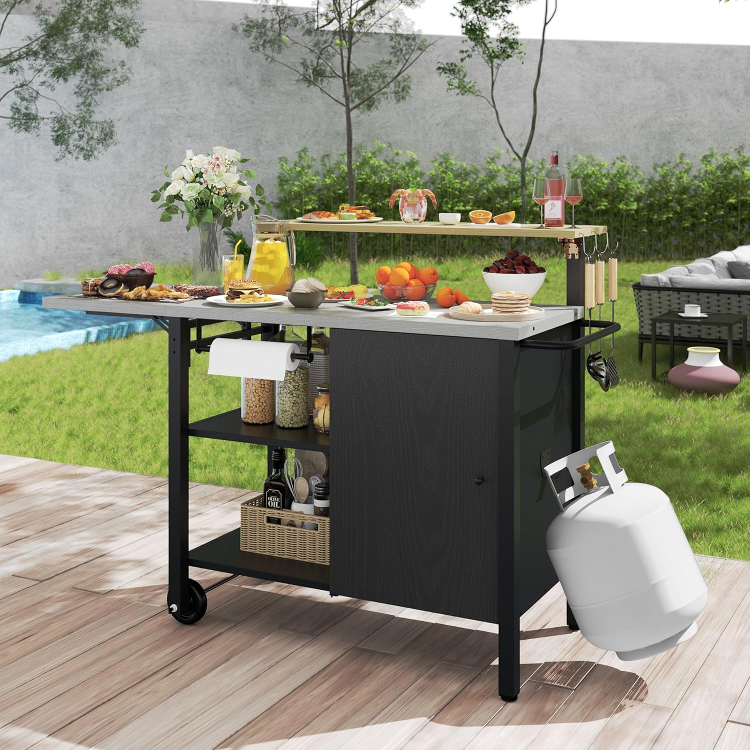 Multi-Layer Outdoor Grill Table Bar Grill Cart with Storage Cabinet, Outdoor Kitchen Island Prep Station with Foldable Side Shelf, Pizza Oven Table for Lawn & Garden