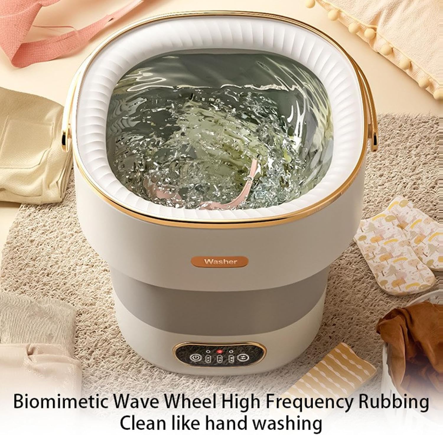 Mini Portable Washing Machine Laundry Cup 15L Washer with 3 Cleaning Modes and Drain Pipe for Apartments Travel and RV, Folding Clothes Washing Machines for Underwear and Baby Clothes (Beige)