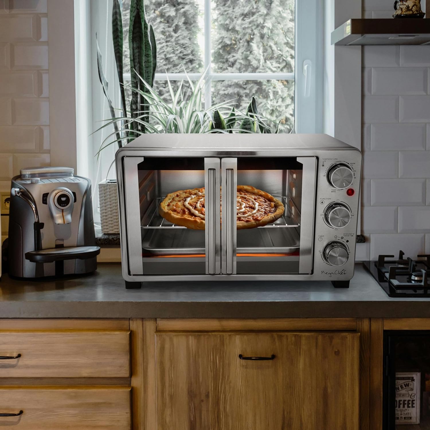 MegaChef 26.4 Quart French Door Multi-Function Stainless Steel Electric Toaster Oven with Temperature & Timer Control and Broil, Bake & Toast Functions