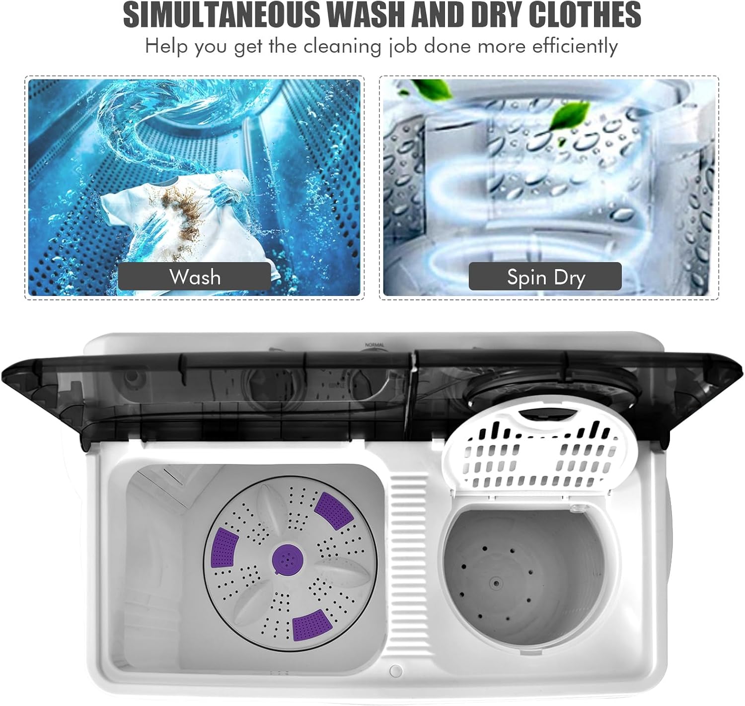 COSTWAY Portable Washing Machine, 2-in-1 Twin Tub 26lbs Capacity Laundry Washer(18lbs) and Spinner(8lbs) with Control Knobs, Timer Function, Drain Pump, Perfect for Home Apartment RV, Black