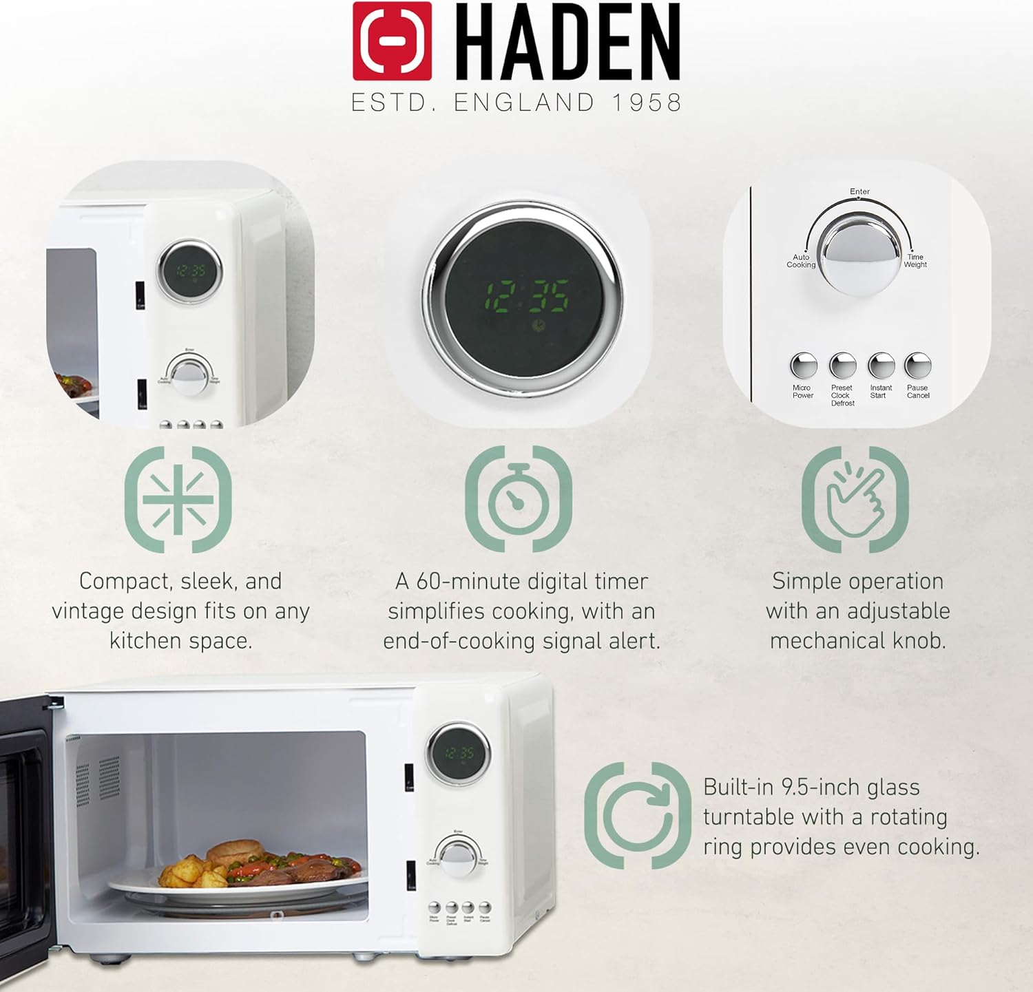 Haden 700 Watt 0.7 Cubic Foot Microwave Oven with Digital Controls, Defrost, and Instant Start Countertop Small Appliance, Ivory/Chrome