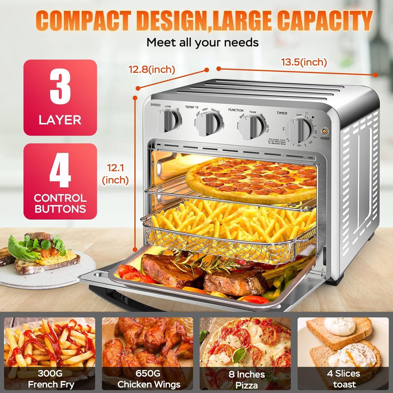 Geek Chef 16QT Air Fryer Toaster Oven, Convection Air Fryer Toaster Countertop Oven, with Bake, Toast, Broil and Warm Functions, Stainless Steel Electric Hot Oven Combo for Healthy Meals