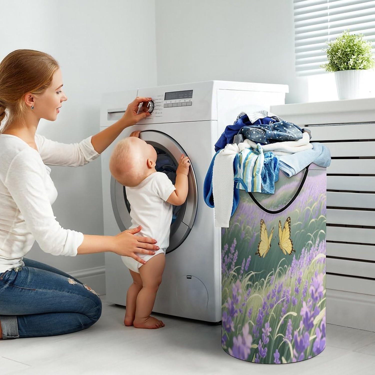 86L Large Laundry Hamper Yellow Butterfly Patterned Dirty Laundry Hamper Foldable Laundry Bag with Handle Suitable for Bedroom Living Room And Bathroom Washing Machine