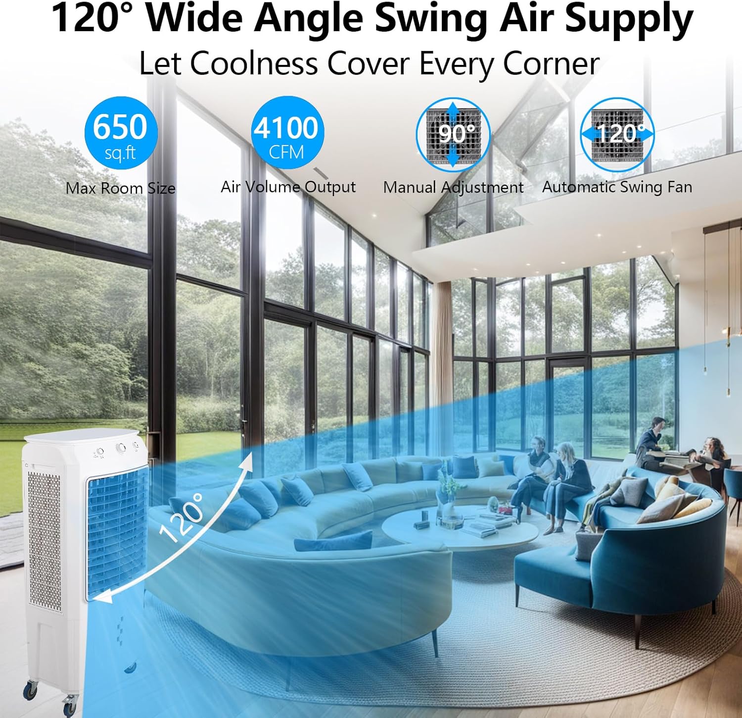 Evaporative Air Cooler, Swamp Cooler, 120° Oscillation Water Cooling Fan With 3 Modes and Wind Speeds, Portable Air Conditioner for Indoor, Outdoor, Patio, Garage, Commercial Use