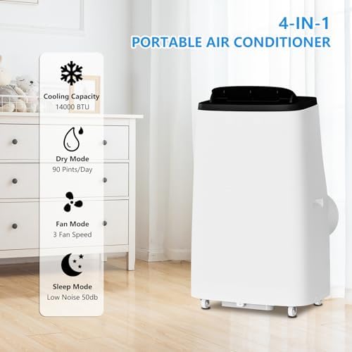 Portable Air Conditioners, 14000 BTU AC for Rooms Up to 750 Sq. Ft, 3-In-1 Cooling Dehumidifier & Fan Mode, Remote Control, Sleep Mode, Low Noise,24H Timer, 3 Speed, Auto Swing for Home,Totel, Gray