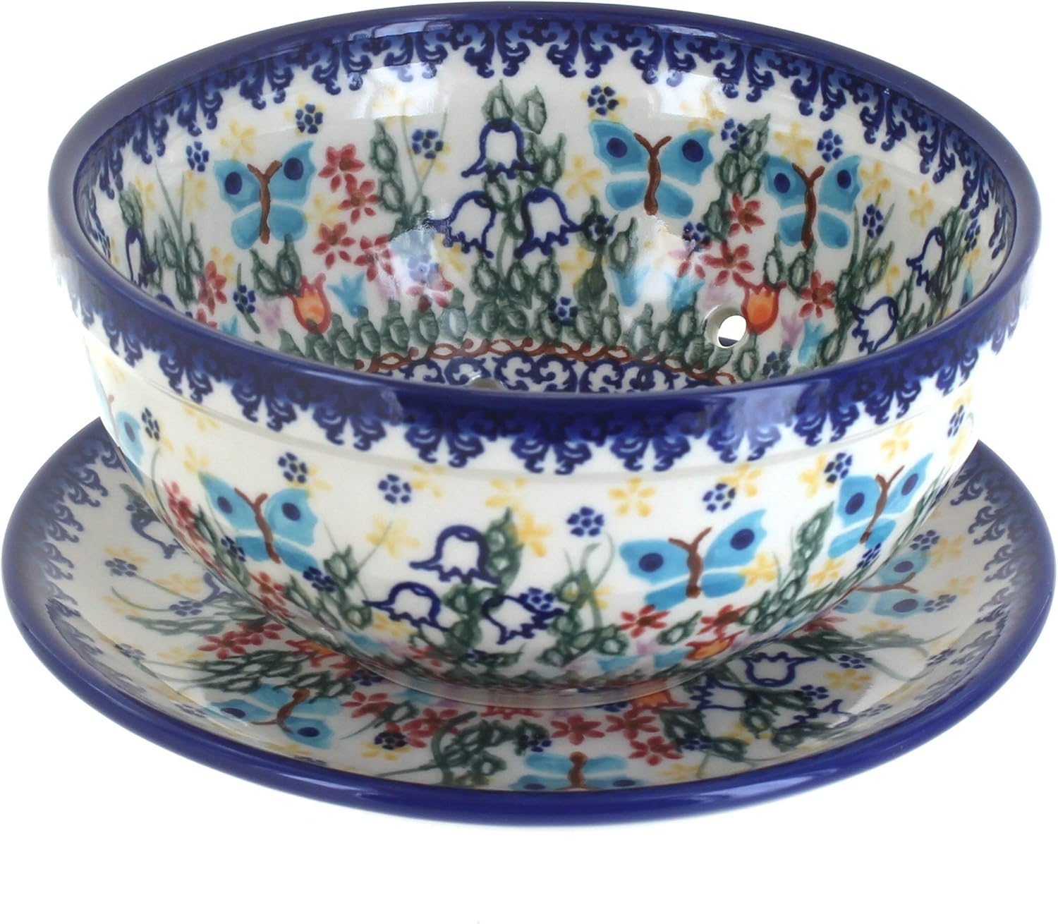 Blue Rose Polish Pottery - Blue Garden of Eden Berry Bowl with Saucer - 6