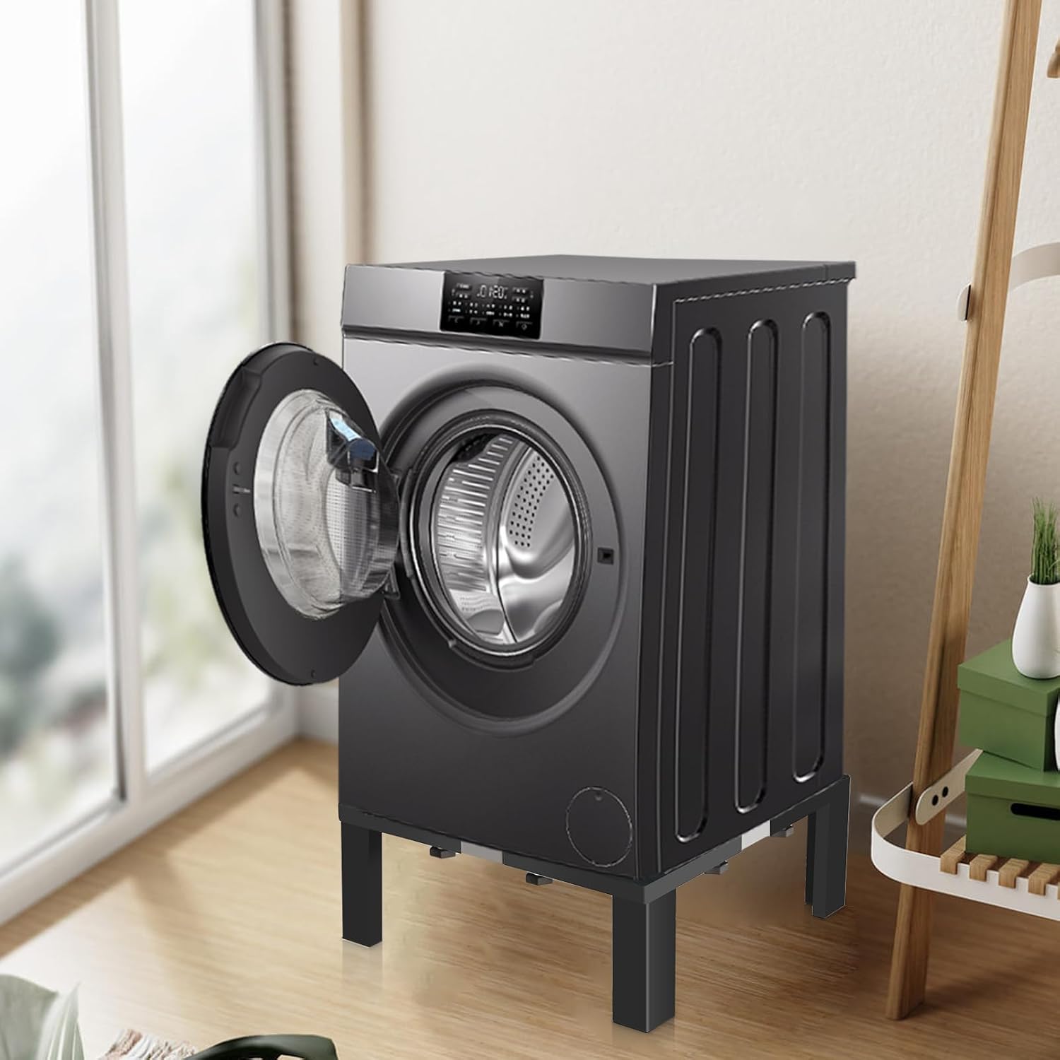 1200LB Heavy-Duty Stainless Steel Laundry Pedestal | Universal Riser for Front Load Washer & Dryer | Anti-Vibration Design, Tool-Free Install(Black)