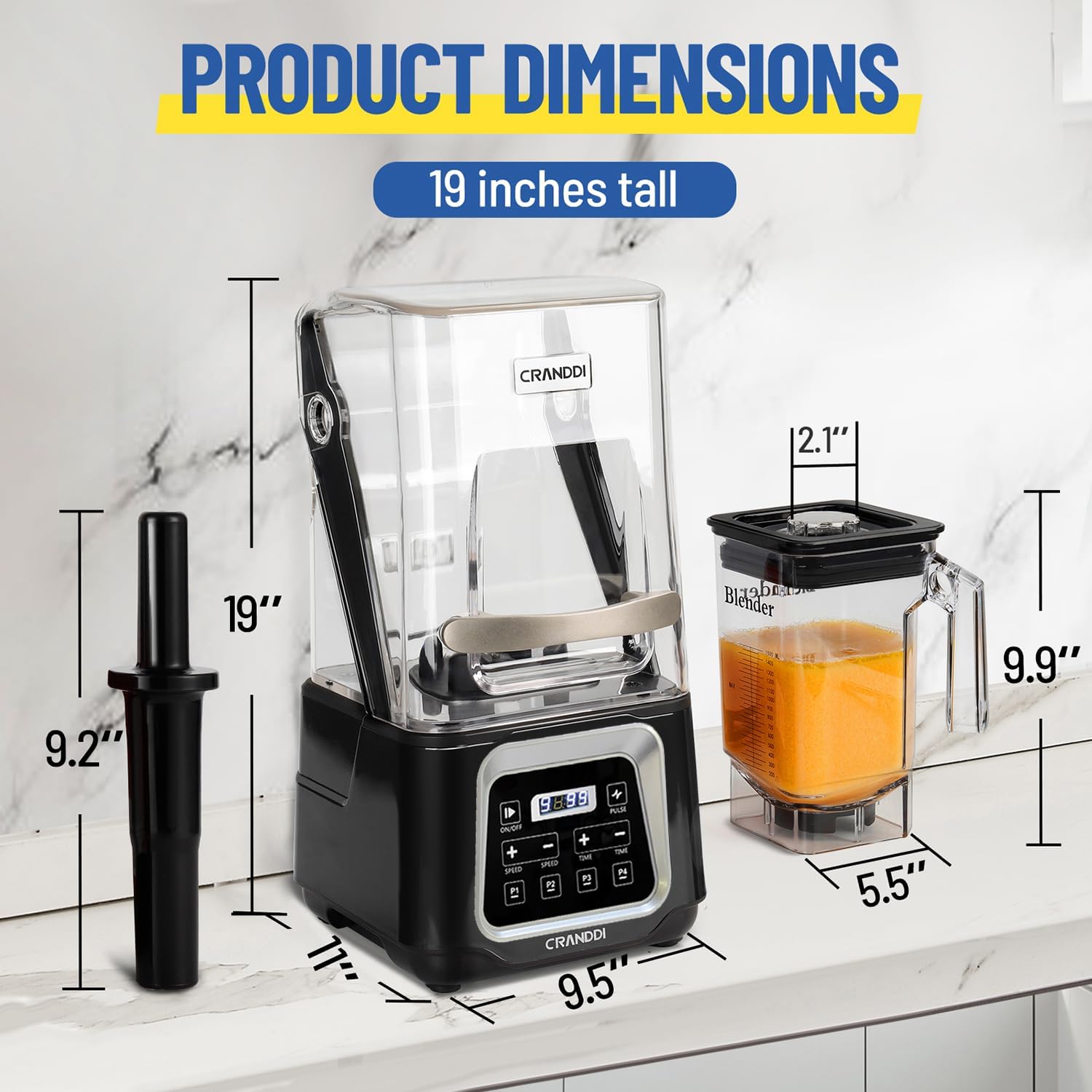 CRANDDI Smart Commercial Blender with Digital Touch Screen and Removable Cover, Quiet Shield 52oz 2200W with 4 Preset Programs of Juice, Smoothies, Frozen Drinks & More, K80TS, Black