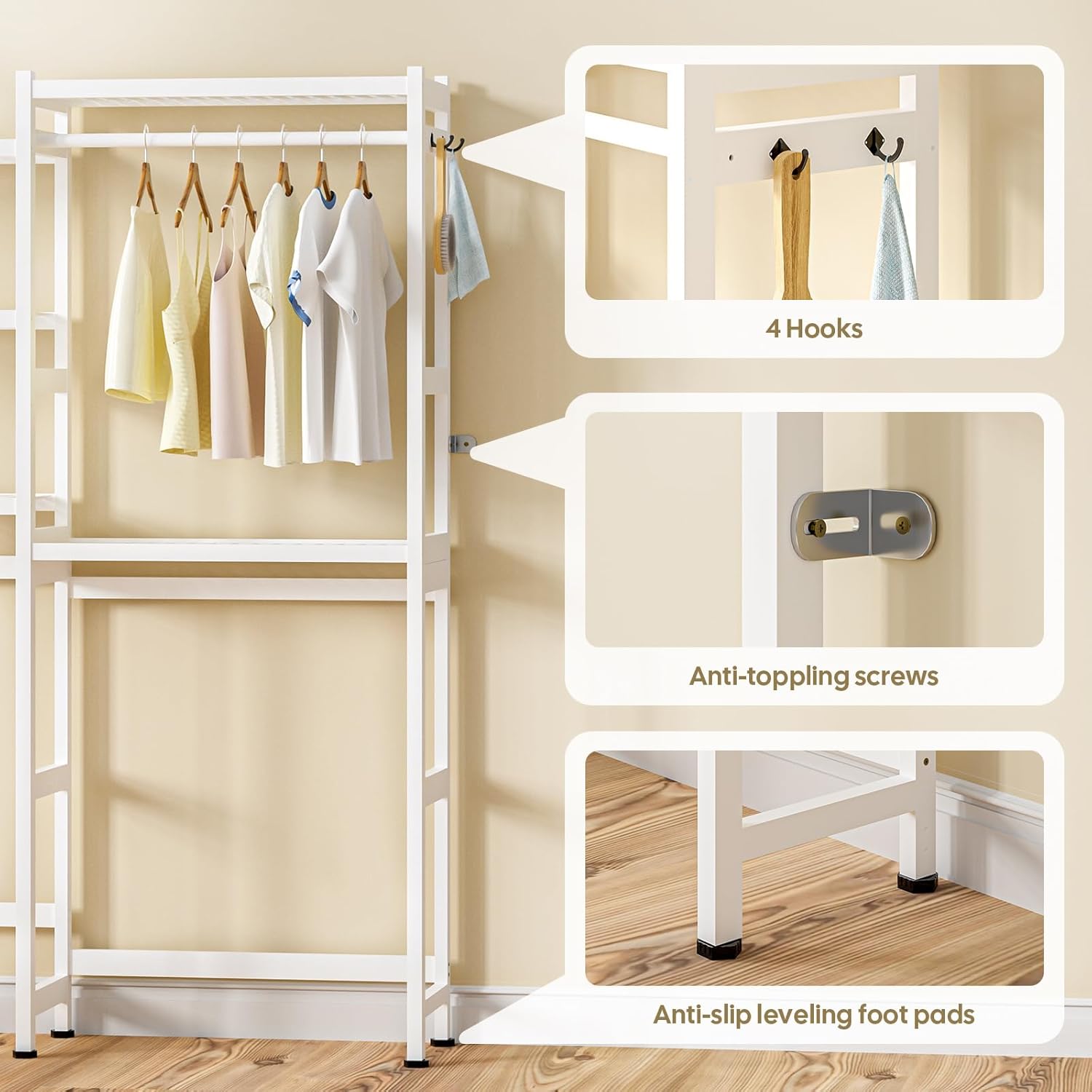 Over The Washer and Dryer Storage Shelf Bamboo,5 Tiers Laundry Room Drying Rack with Adjustable Shelves and 4 Hooks,Space Saver Organizer for Hanging Clothes and Towels (White)