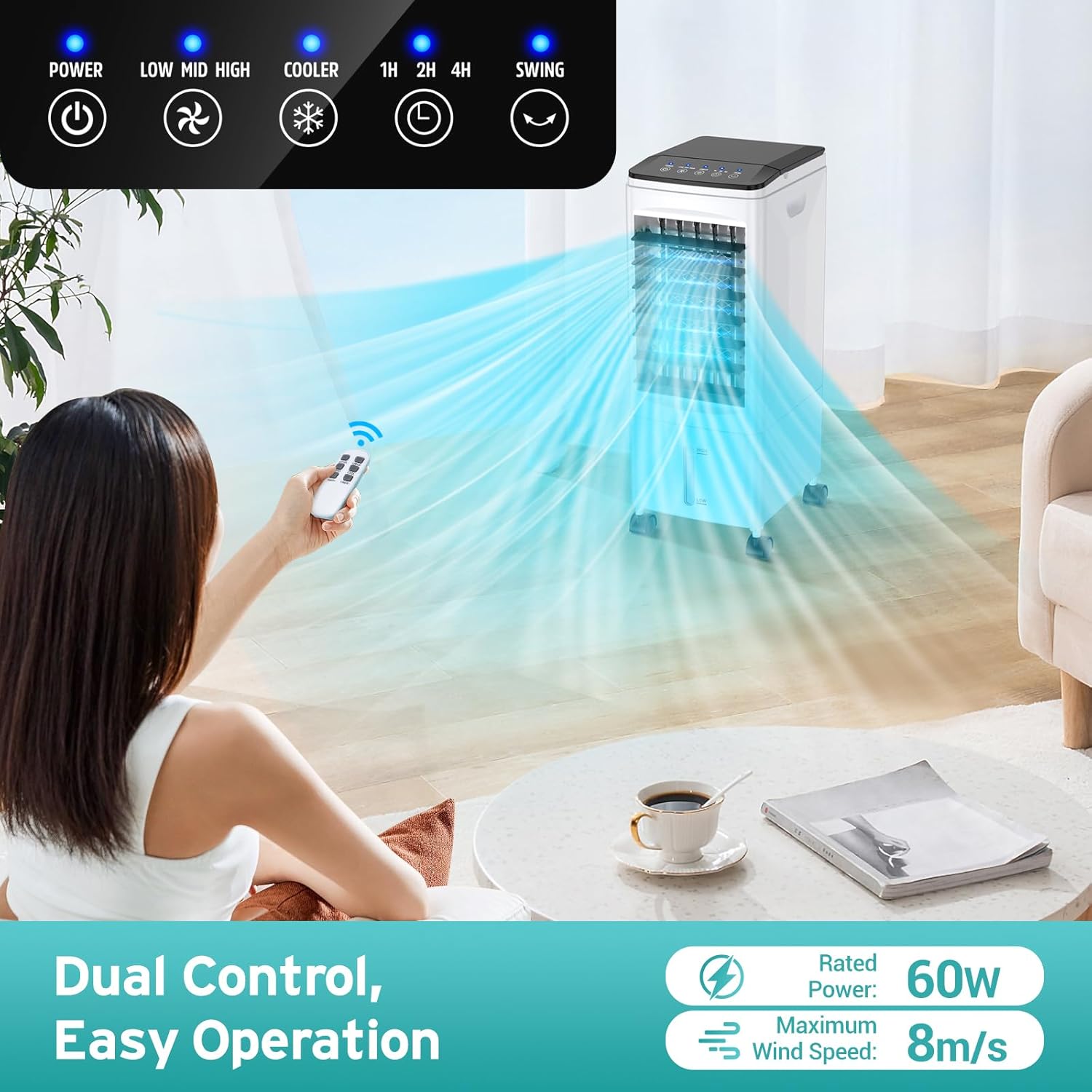 Portable Air Conditioners, 2025 Upgraded 3-in-1 Portable AC with Remote Control, Fast Cooling Evaporative Air Cooler, 3 Speeds, 7H Timer, Air Conditioner for Bedroom, Office, Kitchen (Black)